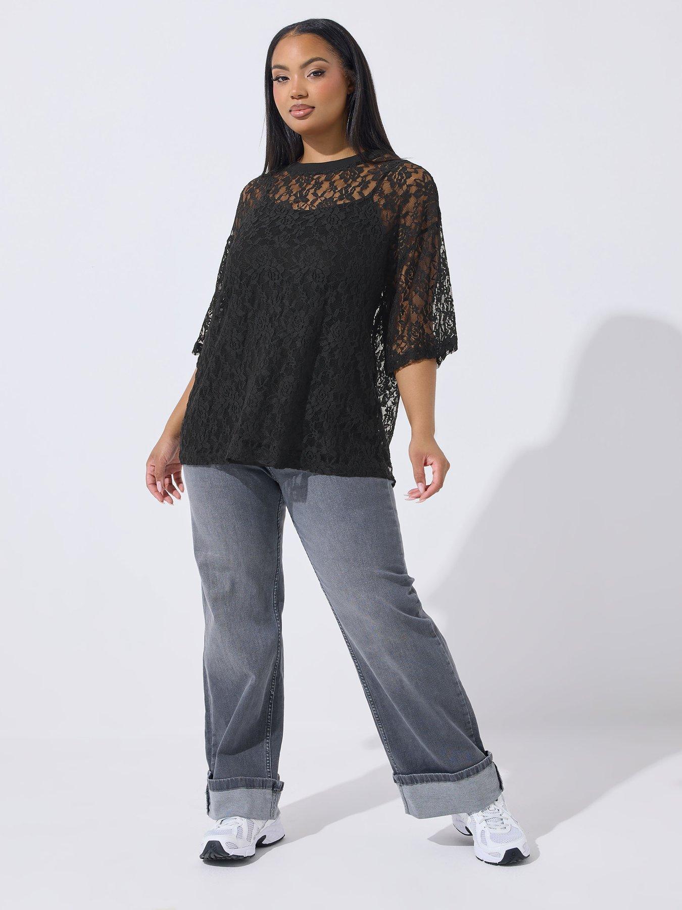 Image 3 of 5 of Yours Curve All Over Lace T-Shirt - Black