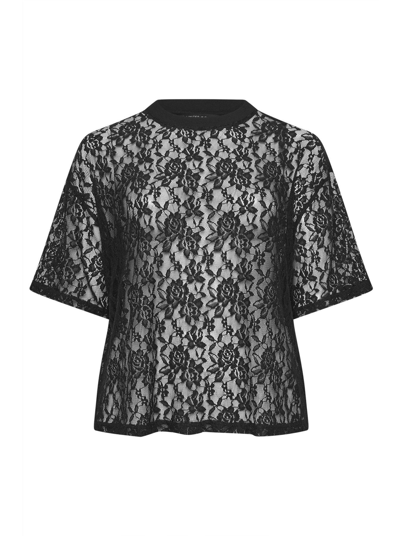 Image 5 of 5 of Yours Curve All Over Lace T-Shirt - Black