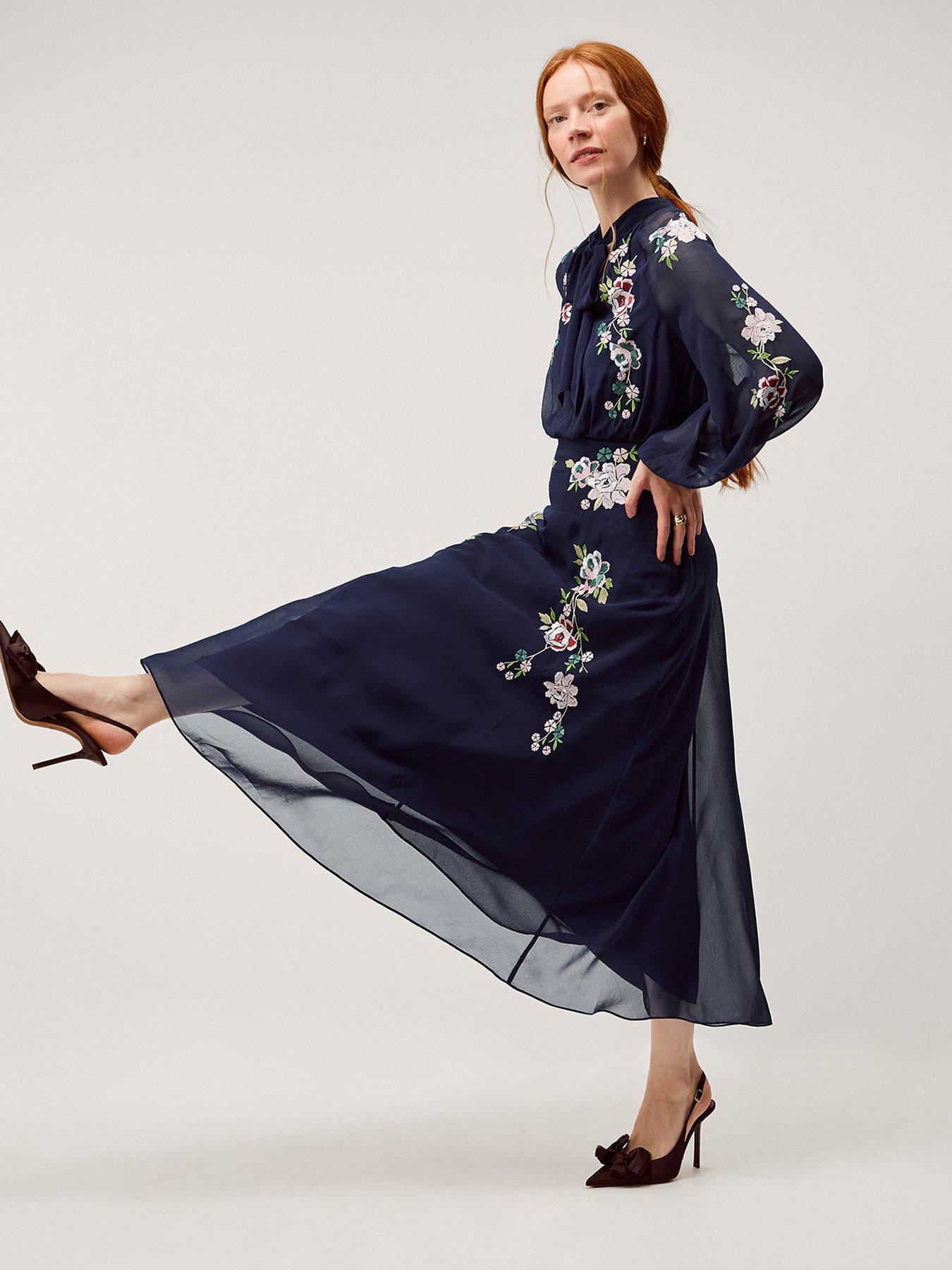 Monsoon Annika Embroidered Midi Dress - Navy