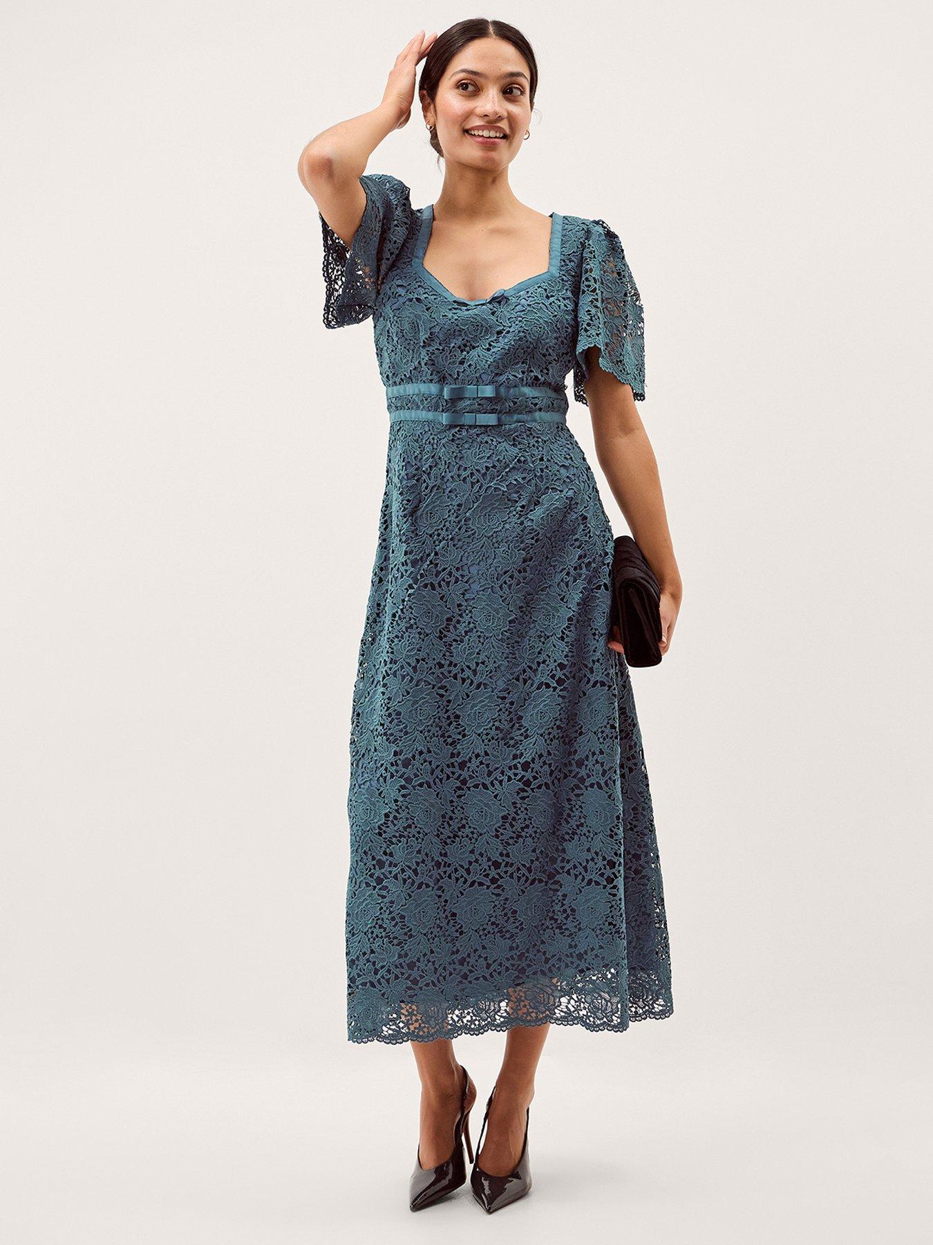 Image 1 of 5 of Monsoon Regina Short Sleeve Lace Dress - Blue