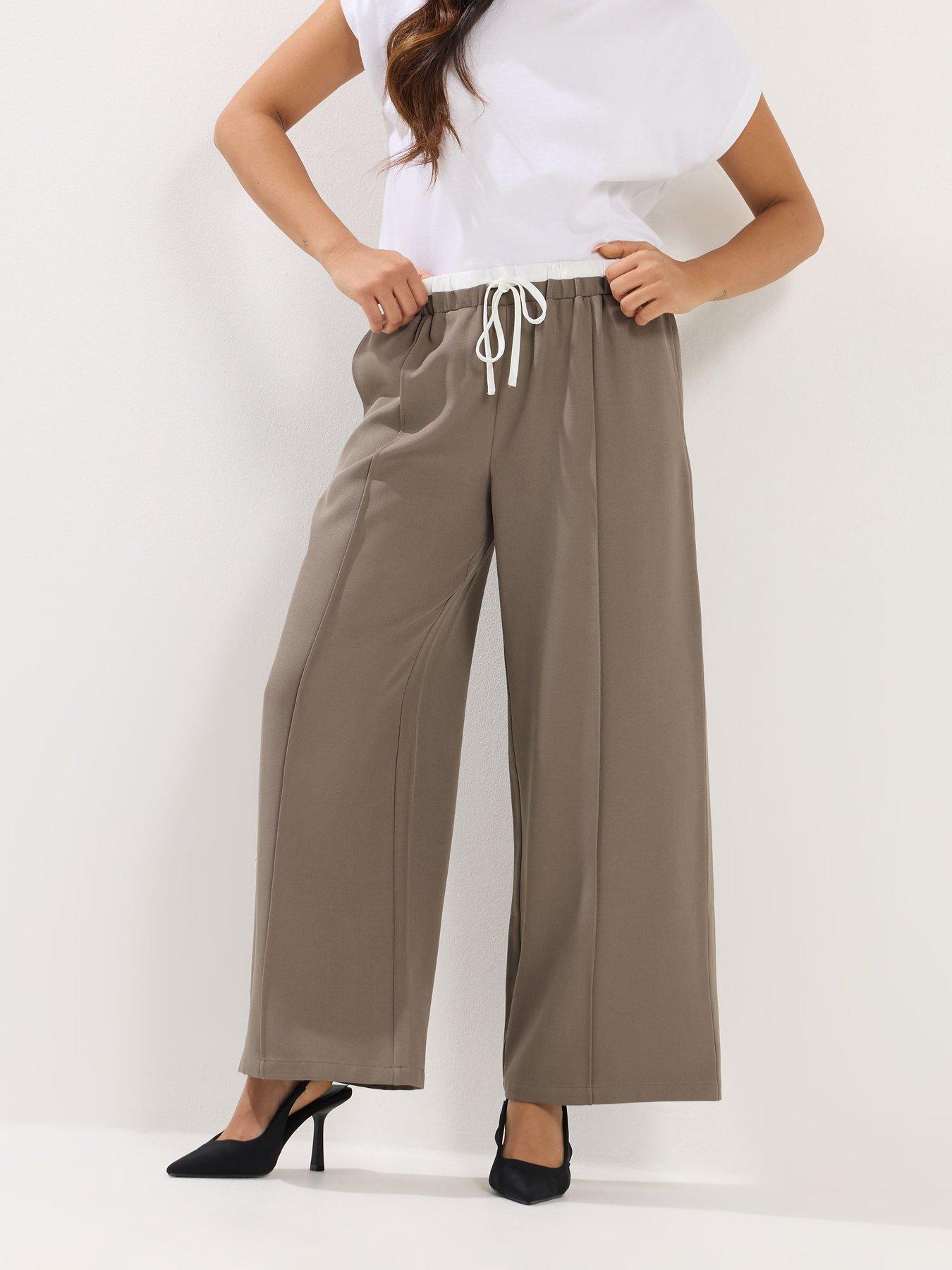 PixieGirl Petite Contrast Waist Pintuck Wide Leg Trousers - Brown