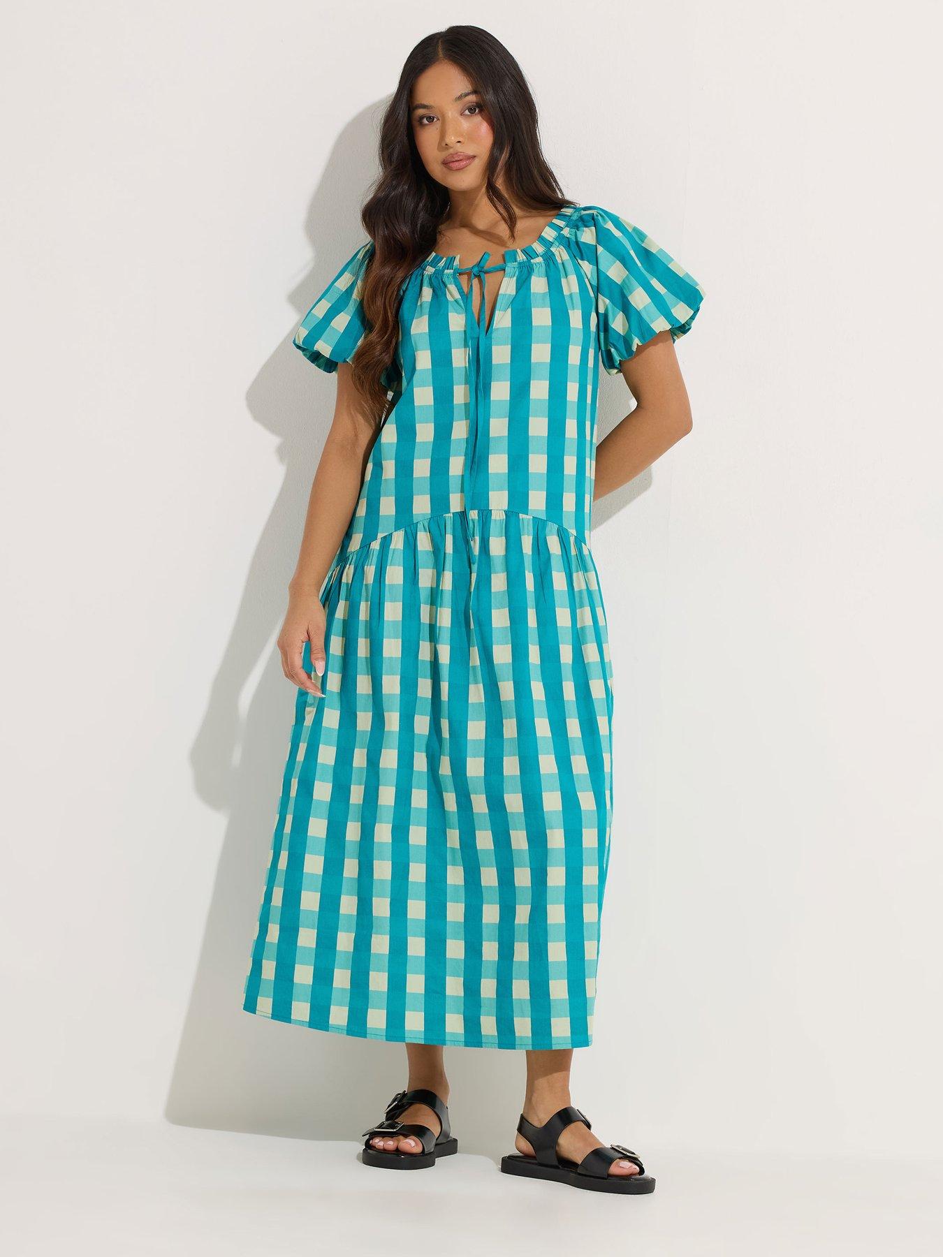 PixieGirl Petite Check Tie Neck Drop Tier Dress - Green