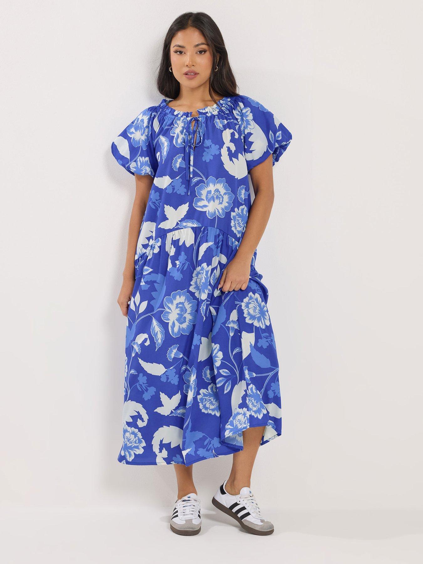 PixieGirl Petite Floral Tie Neck Midi Dress - Blue