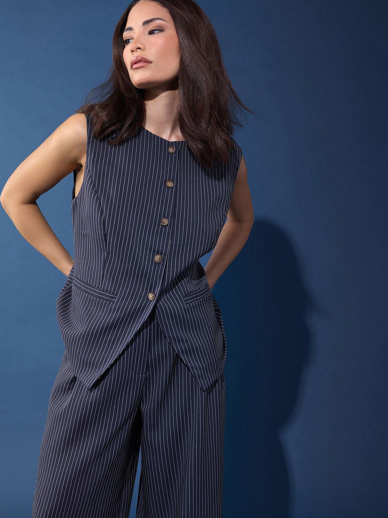 PixieGirl Petite Pinstripe High Neck Waistcoat - Blue