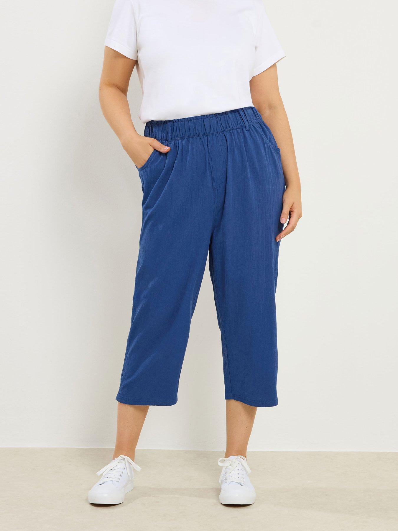 Image 1 of 5 of Yours Curve Cool Cotton Cropped Trouser - Blue