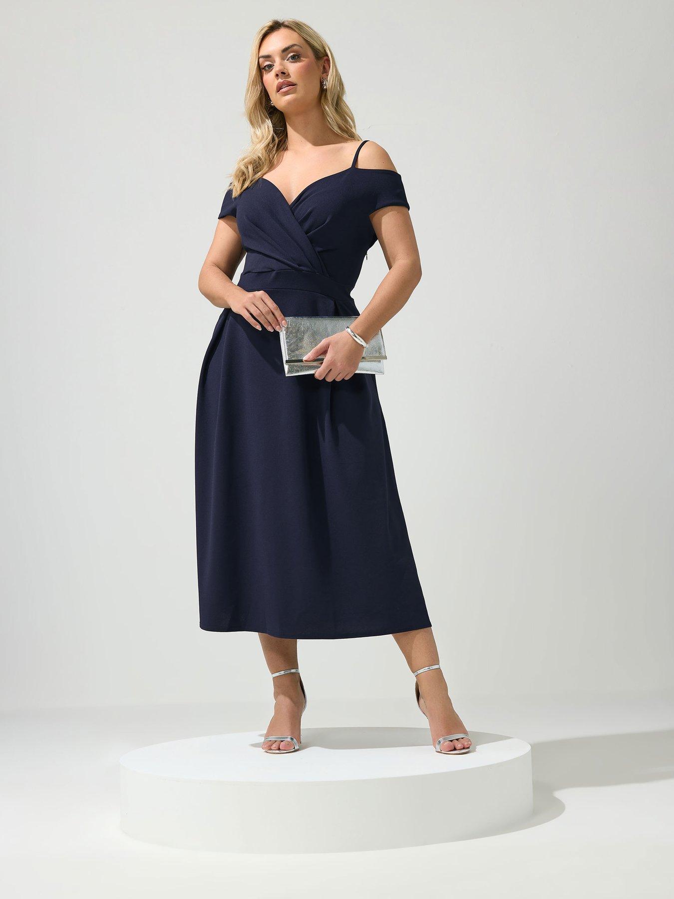 Yours Curve Pleat Cold Shoulder Skater Dress - Blue