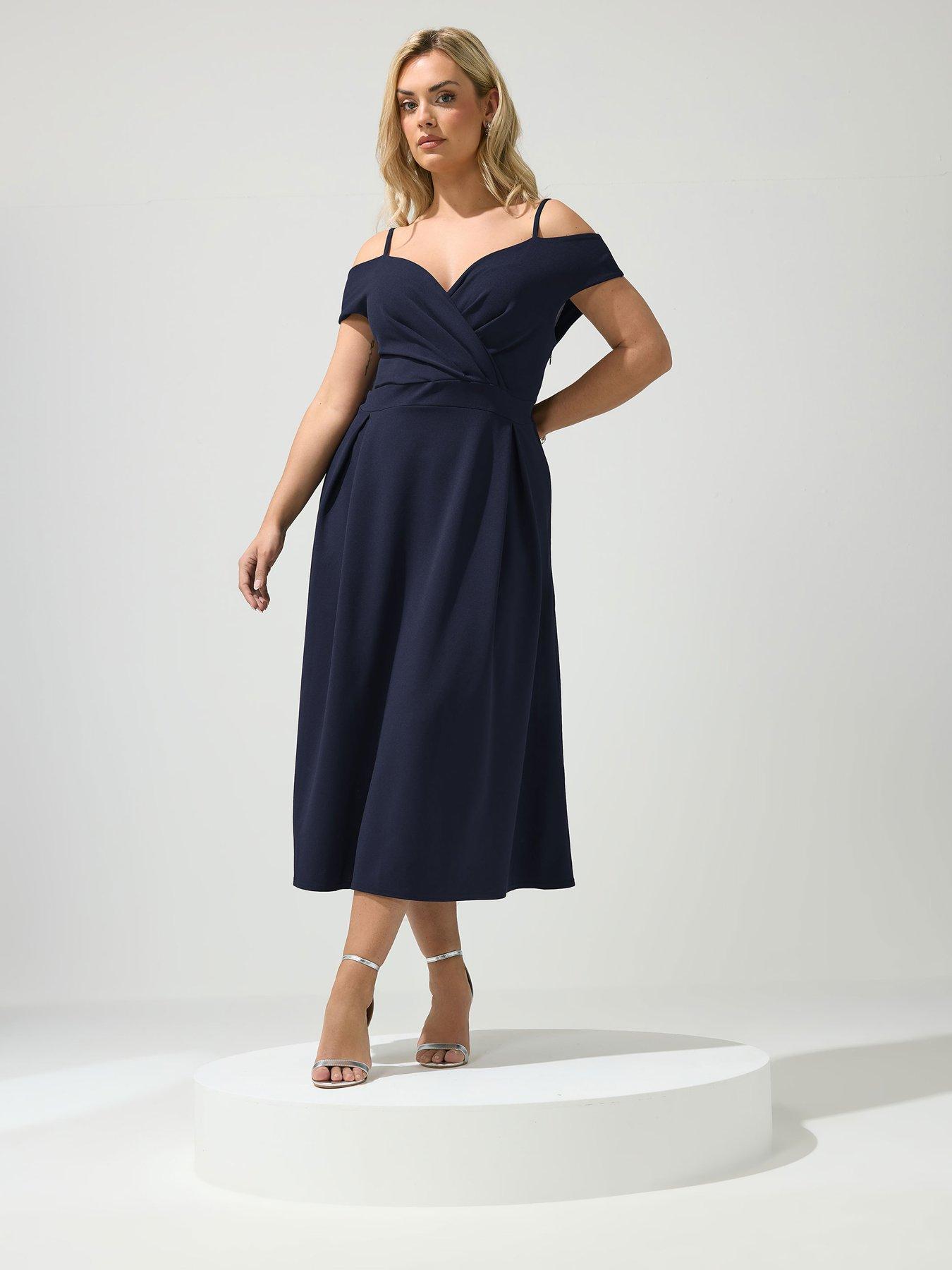 Yours Curve Pleat Cold Shoulder Skater Dress - Blue | Very