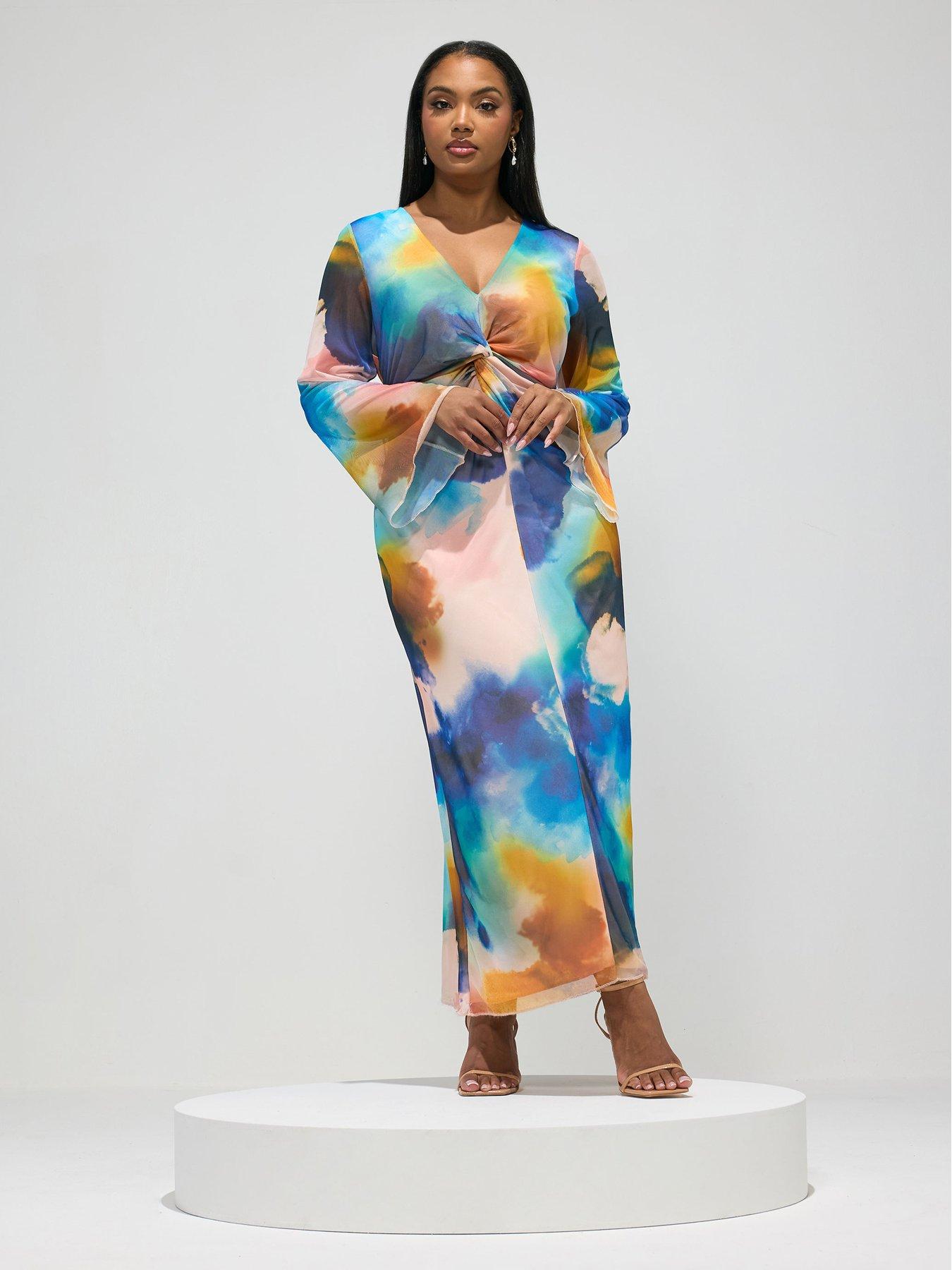 Image 1 of 5 of Yours Curve Blur Knot Mesh Maxi Dress