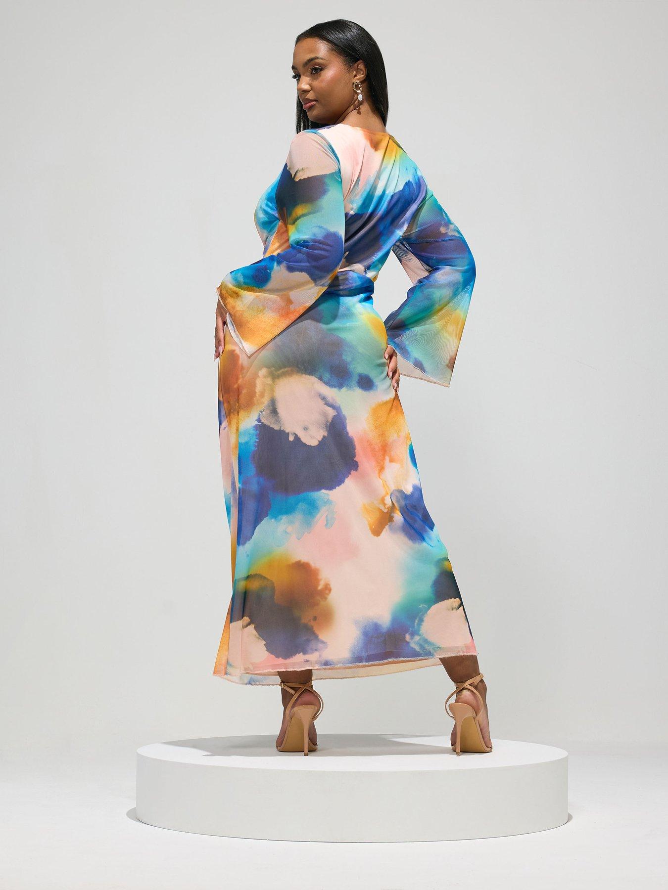 Image 2 of 5 of Yours Curve Blur Knot Mesh Maxi Dress