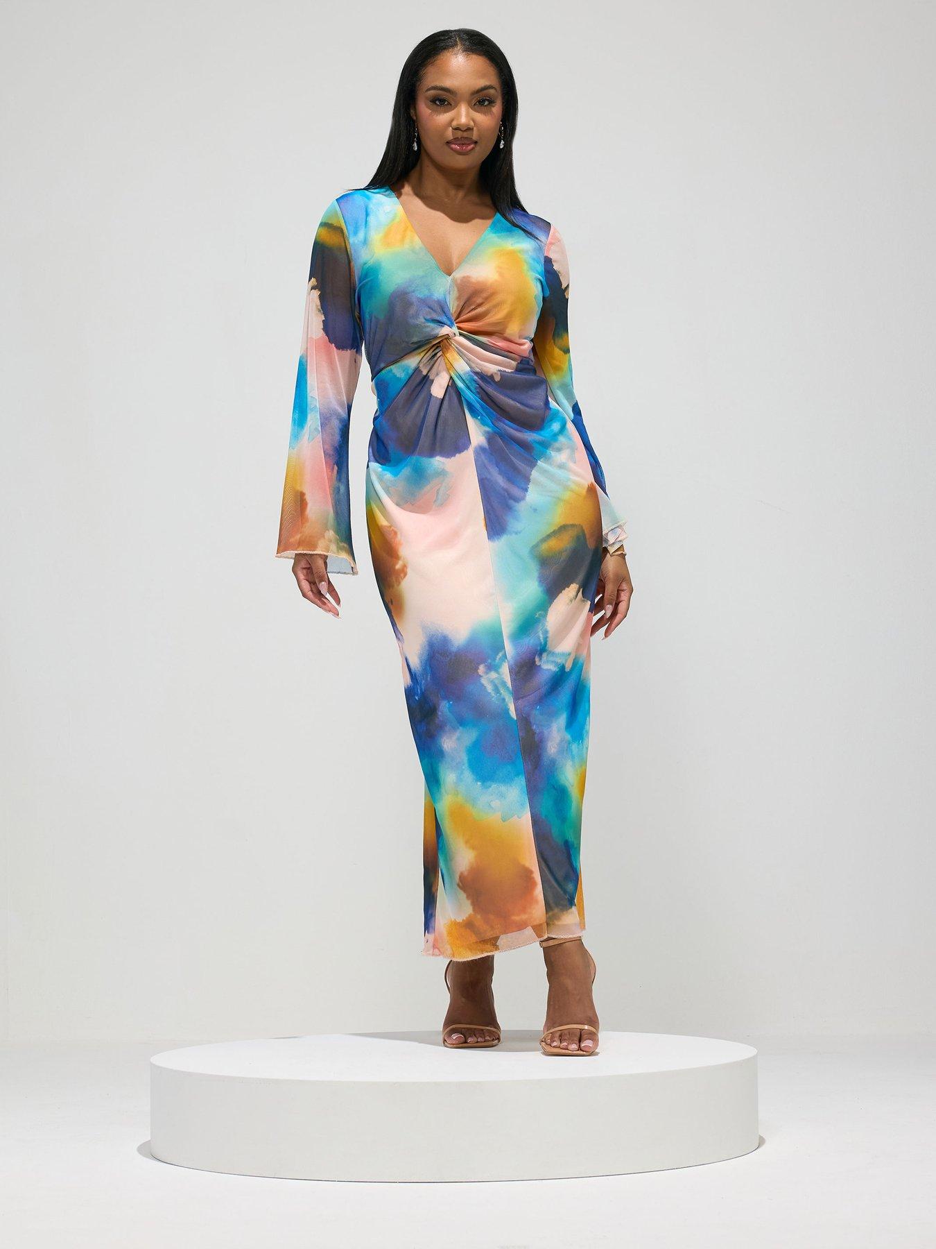 Image 3 of 5 of Yours Curve Blur Knot Mesh Maxi Dress