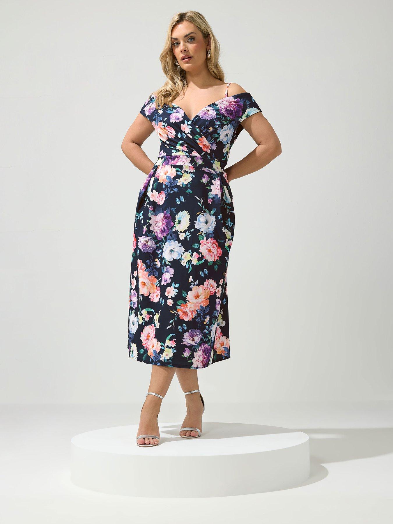 Yours Curve Floral Cold Shoulder Bardot Skater Dress - Blue