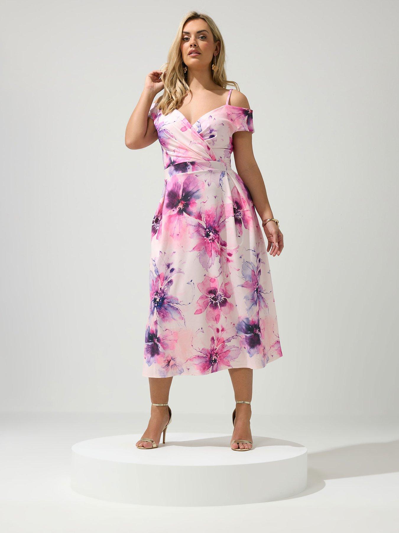 Yours Curve Floral Cold Shoulder Bardot Skater Dress - Pink