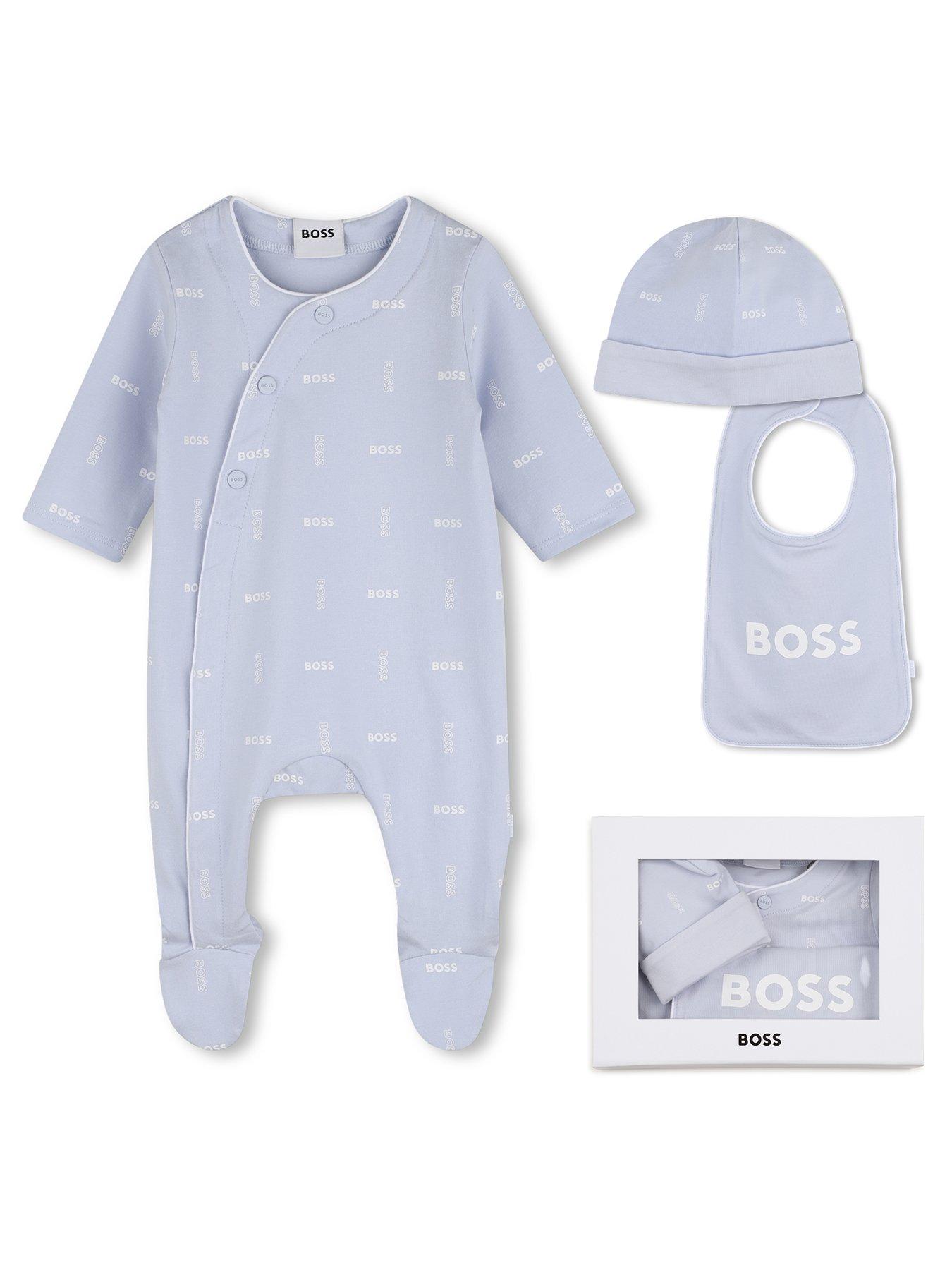 BOSS Newborn Baby Boys Sleepsuit Hat And Bib Gift Box Set - Light Blue
