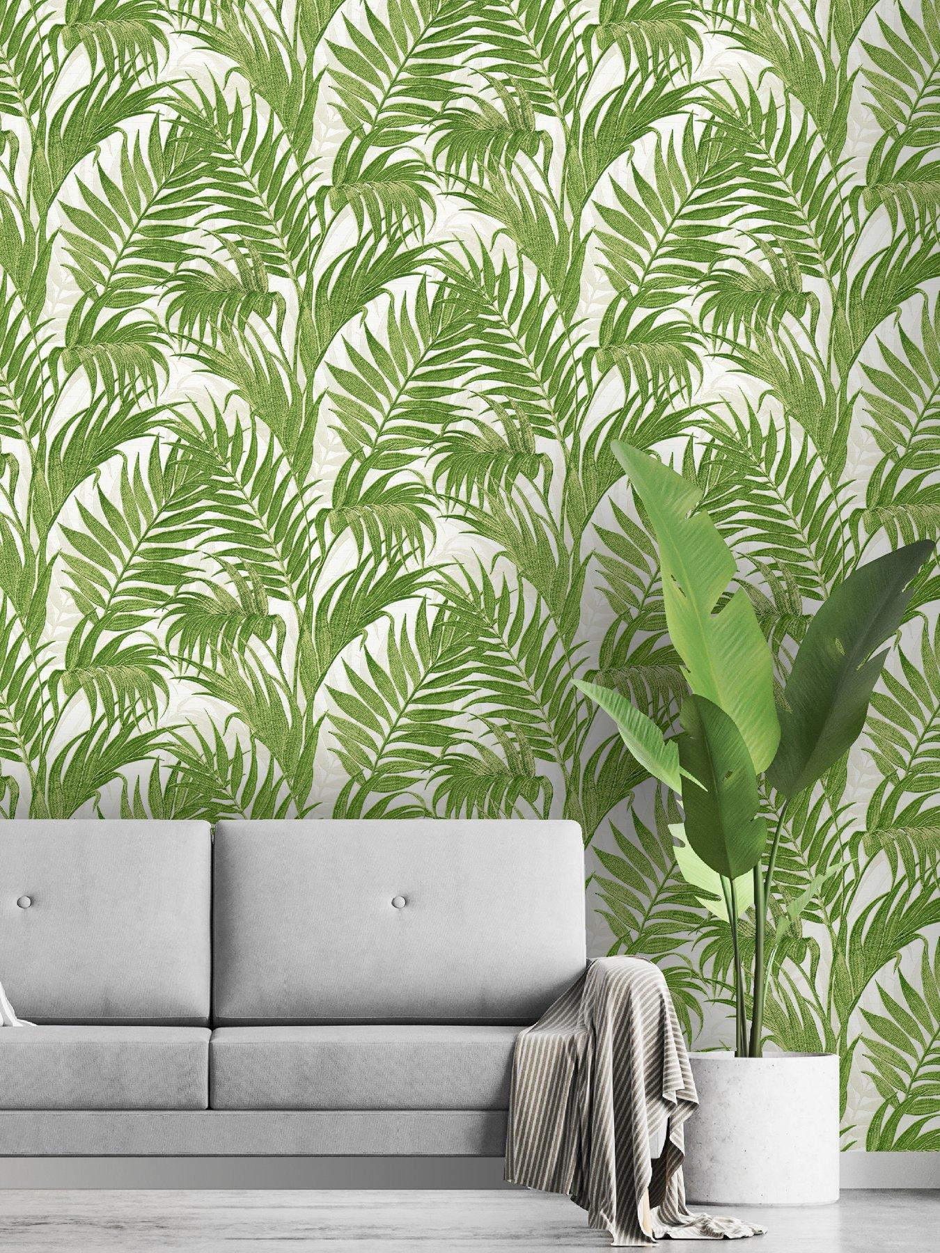 Design ID Did Tropical Palm Leaf Green & White Wallpaper