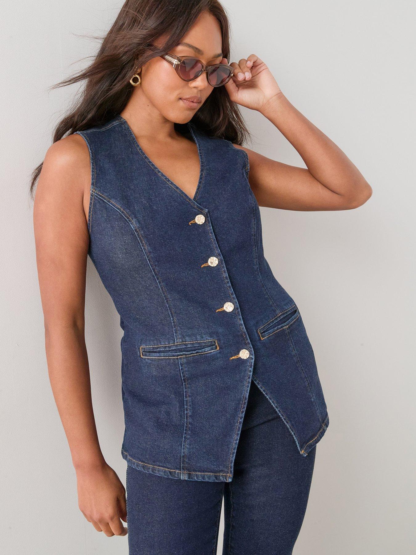 Image 1 of 6 of The Very Collection Curve Button Through Denim Waistcoat Co-ord - Indigo Denim