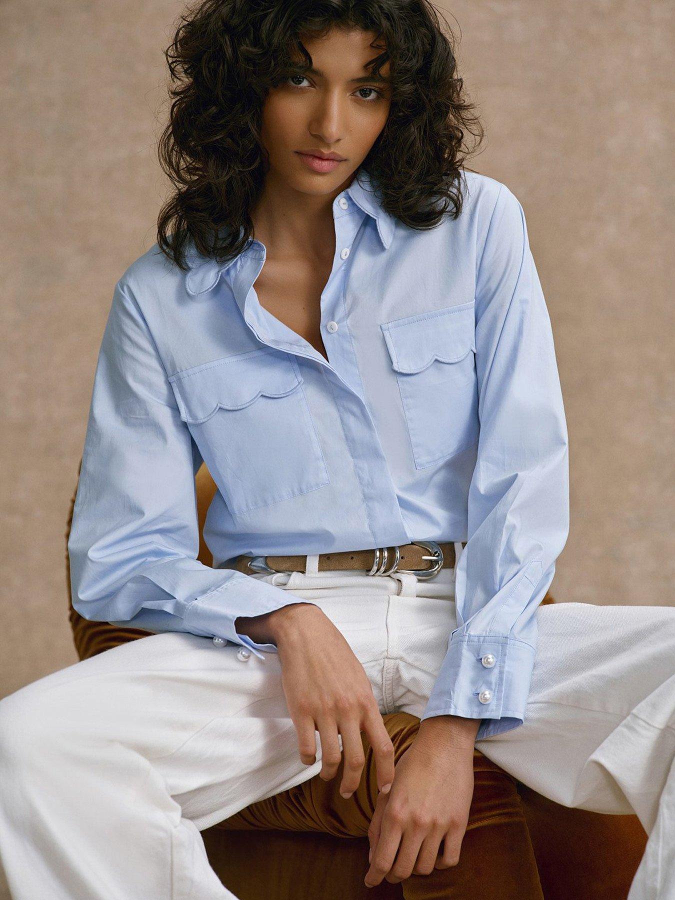Mint Velvet Cotton Scallop Shirt - Blue