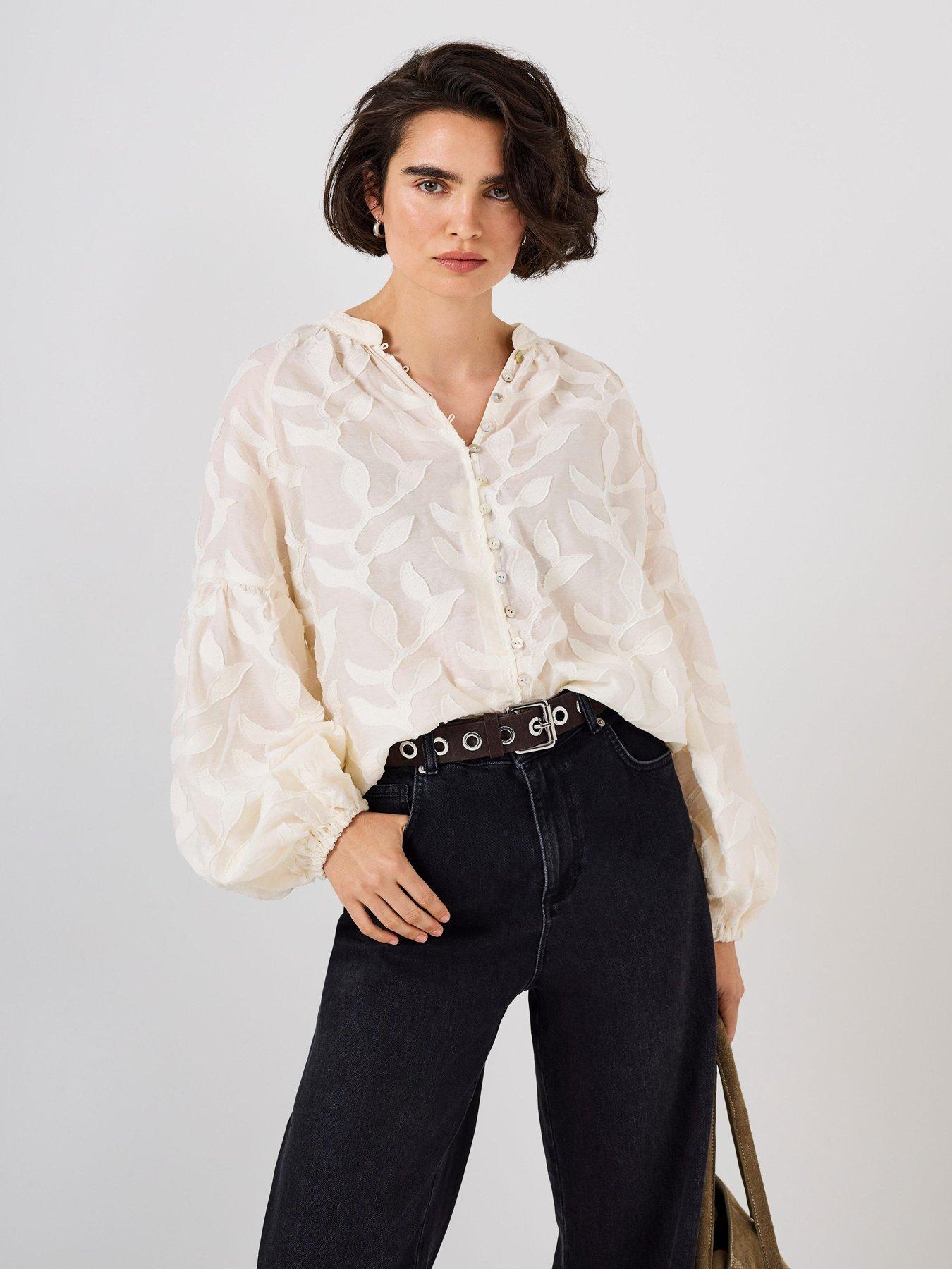 Mint Velvet Long Sleeve Jacquard Blouse - Cream