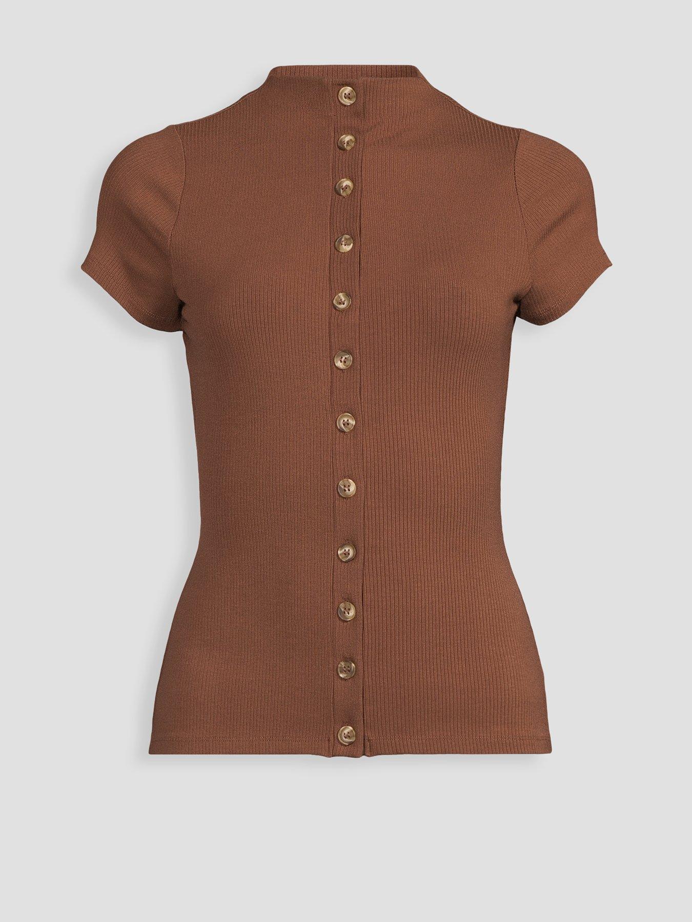Image 4 of 4 of Michelle Keegan Funnel Neck Button Through T-Shirt - Brown