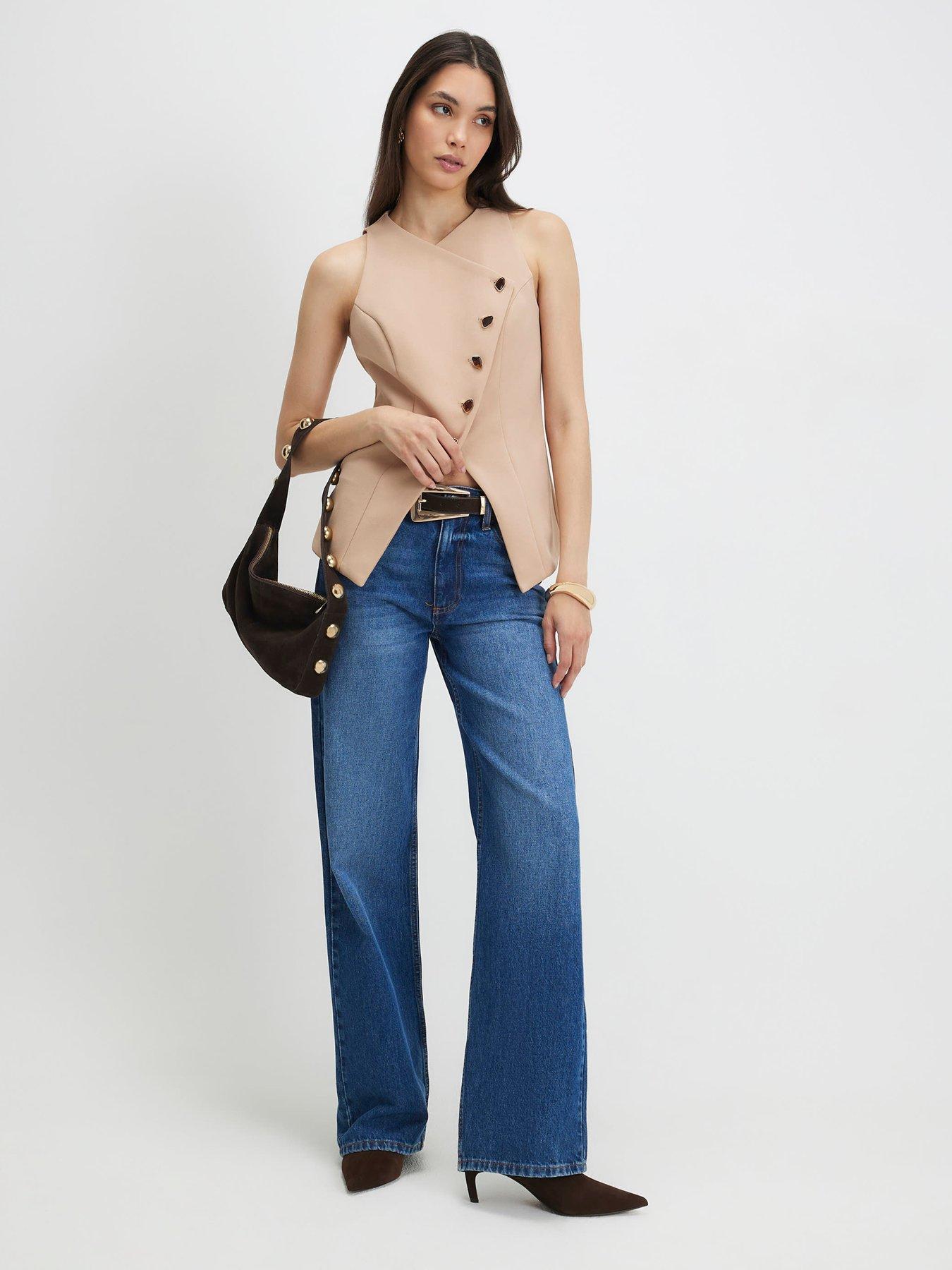 River Island Short Collarless Asym Waistcoat - Beige
