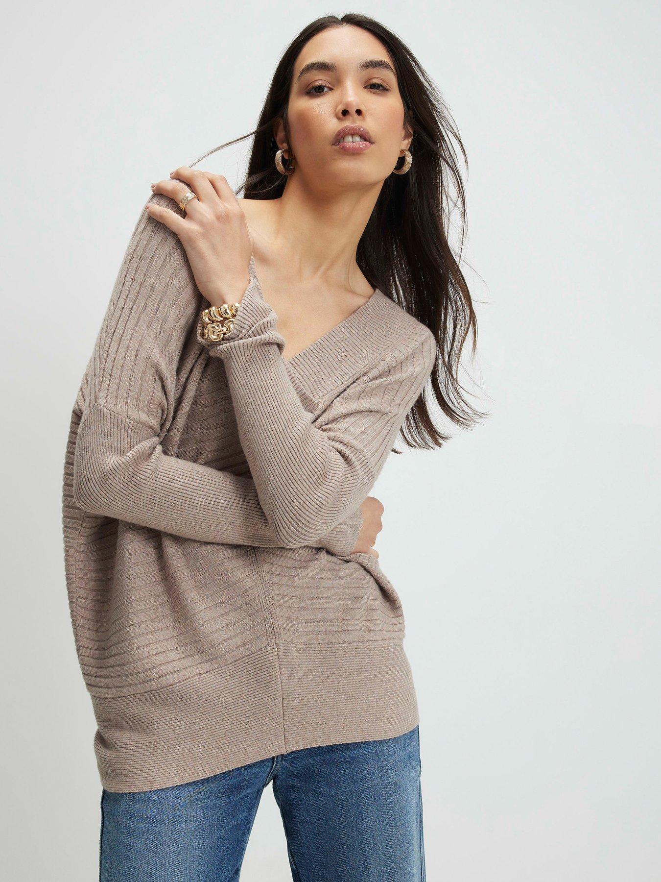 River Island V Neck Ribbed Jumper - Brown