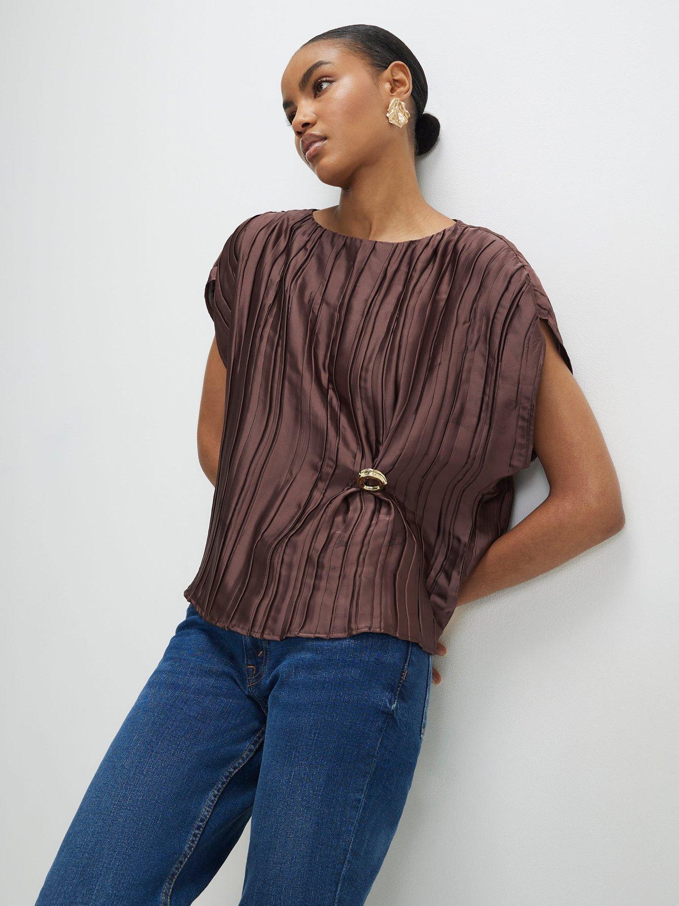 River Island Satin Plisse Gold Detail Top - Brown
