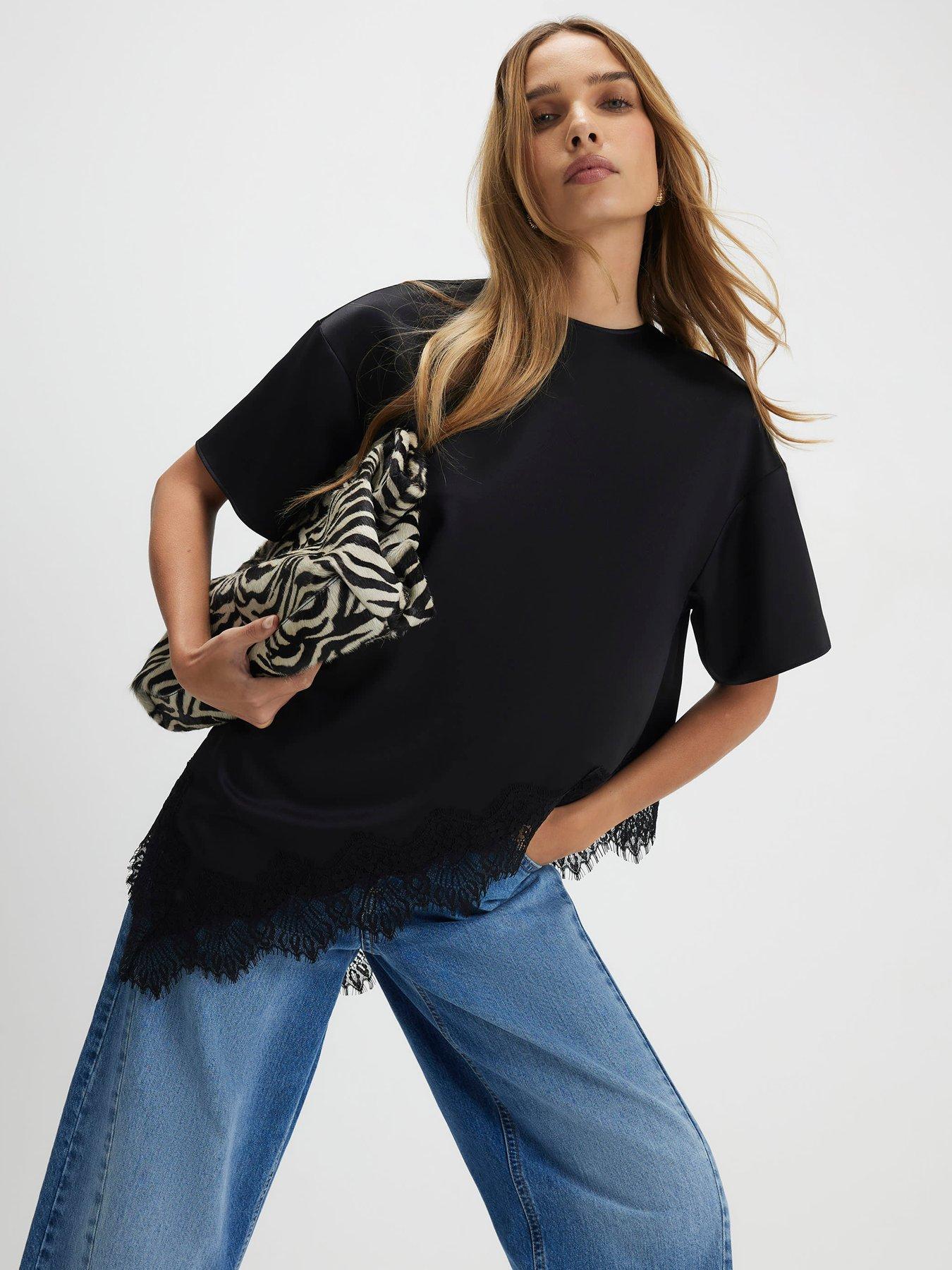 River Island Asymmetric Lace Satin T-Shirt - Black
