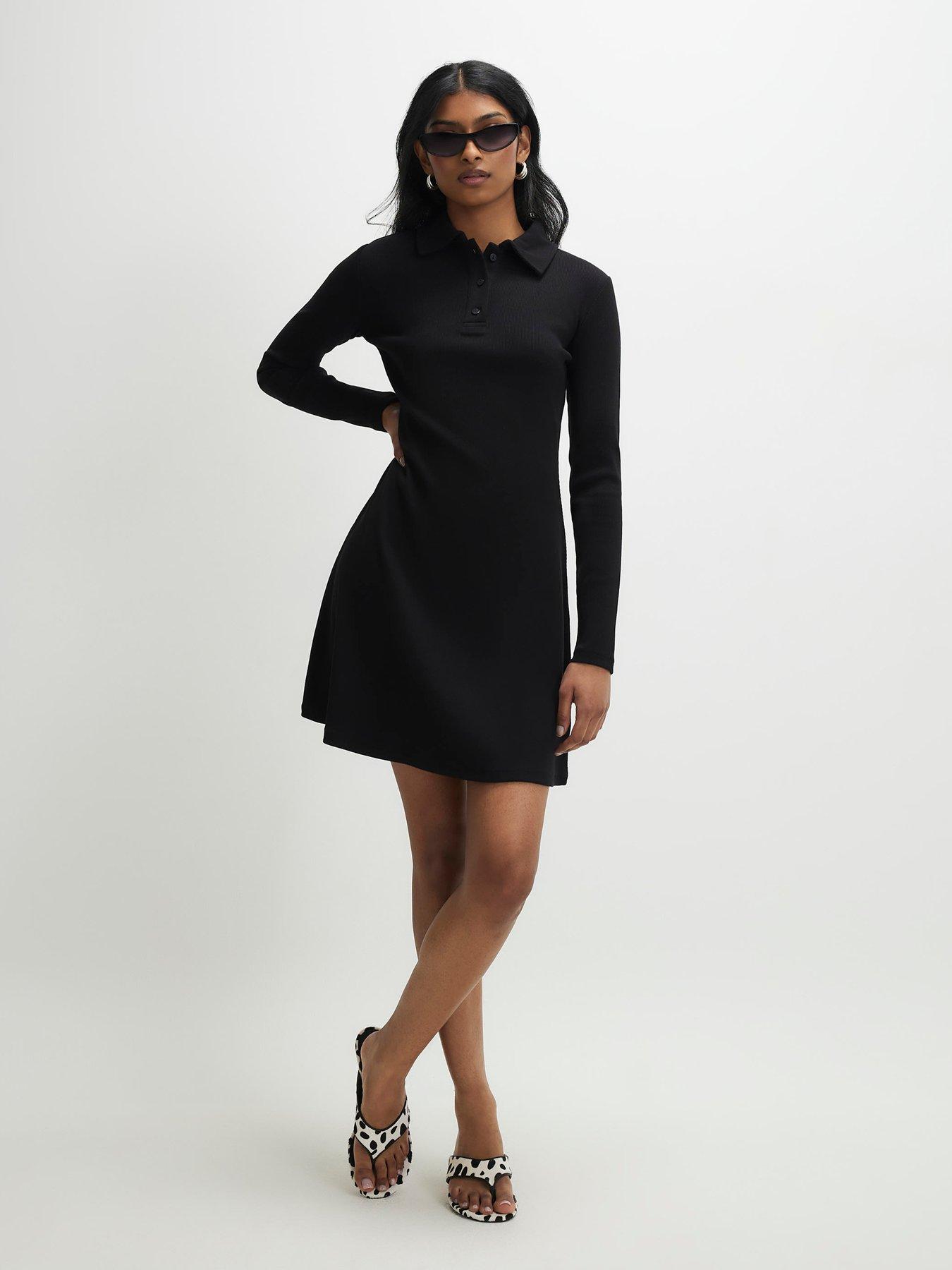 River Island Long Sleeve Ribbed Fit And Flare Dress - Black | Very