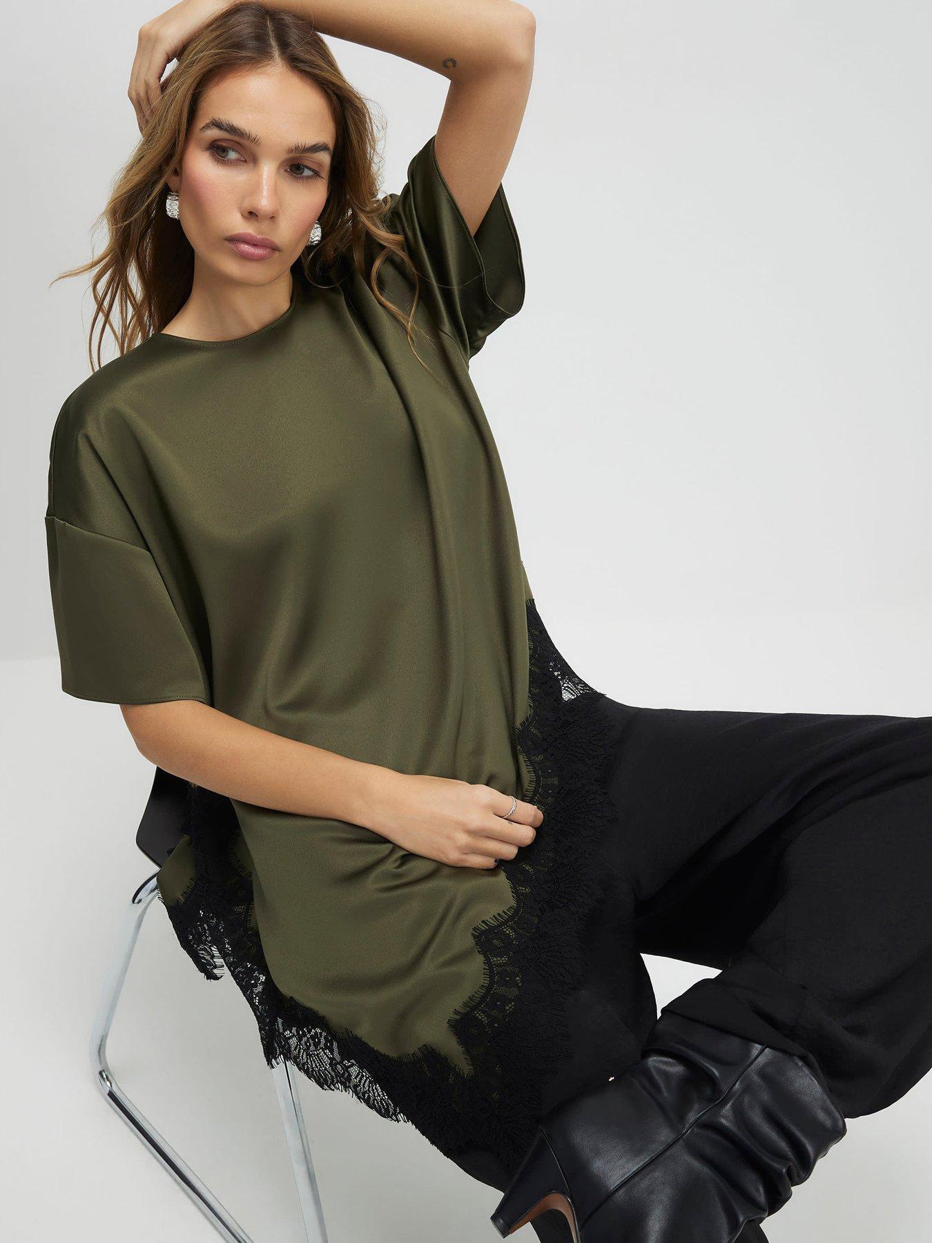 Image 1 of 4 of River Island Asymmetric Lace Hem Satin T-Shirt - Green