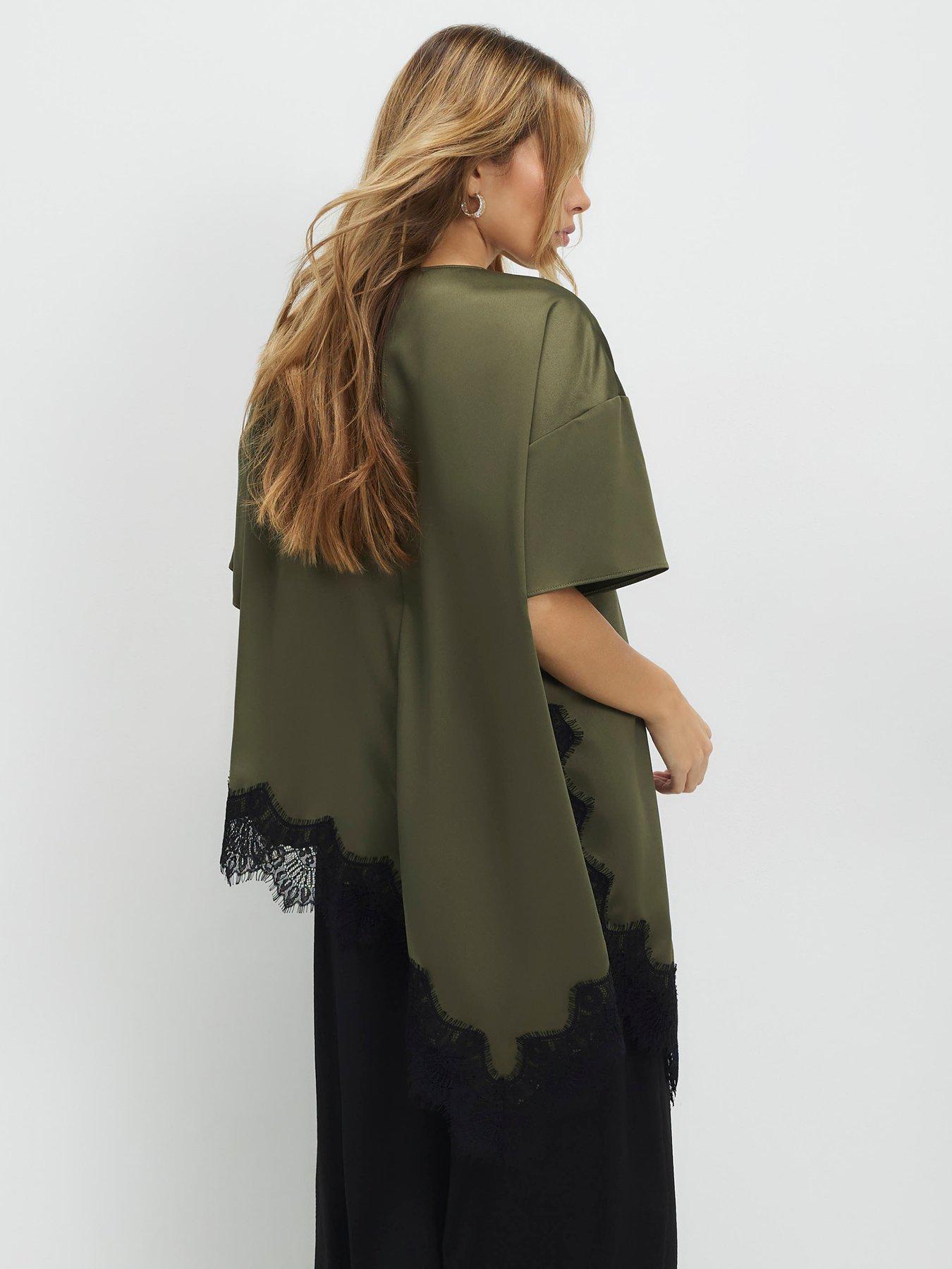 Image 2 of 4 of River Island Asymmetric Lace Hem Satin T-Shirt - Green