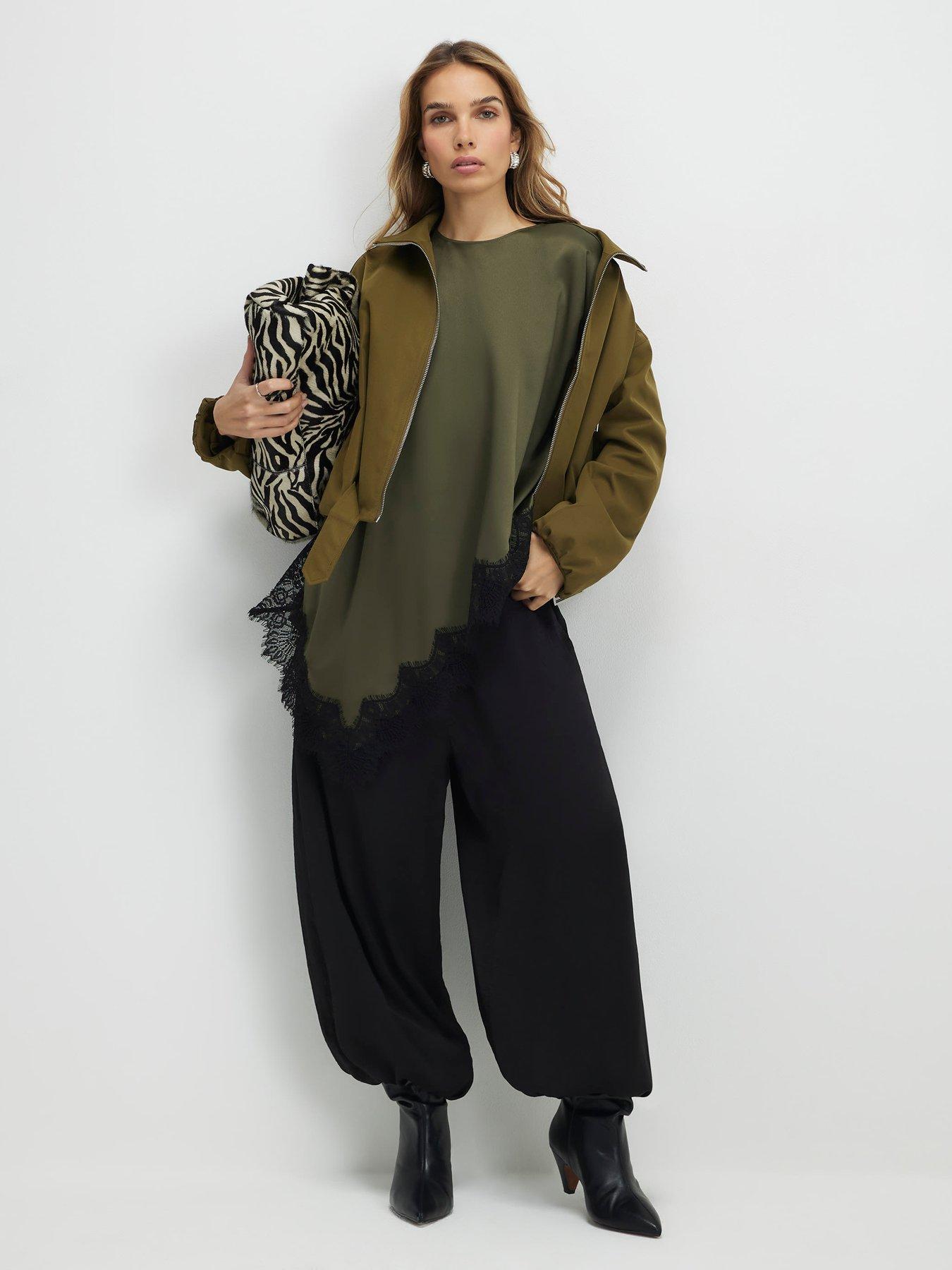 Image 3 of 4 of River Island Asymmetric Lace Hem Satin T-Shirt - Green