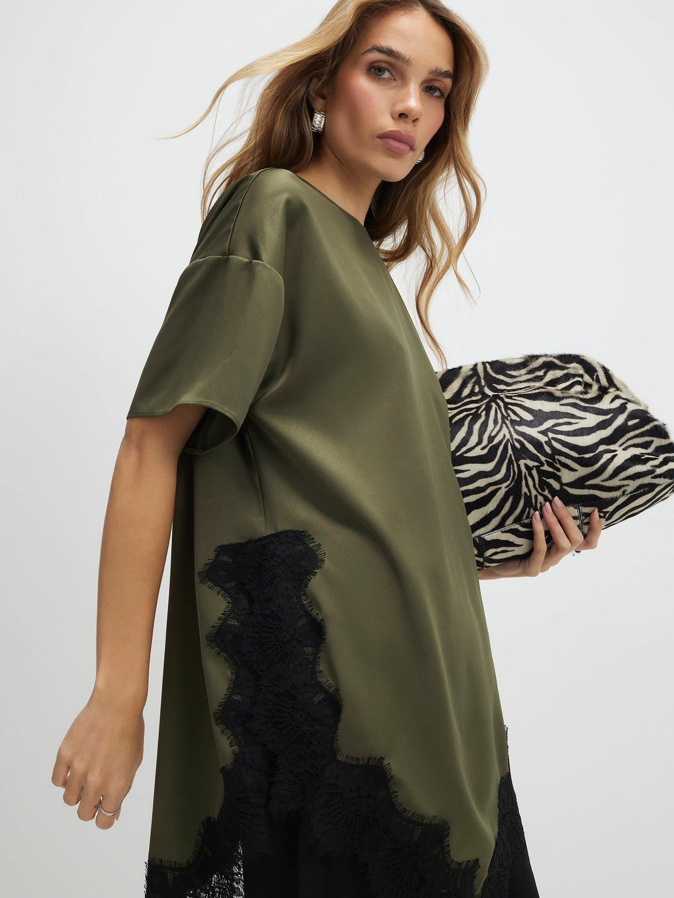 Image 4 of 4 of River Island Asymmetric Lace Hem Satin T-Shirt - Green