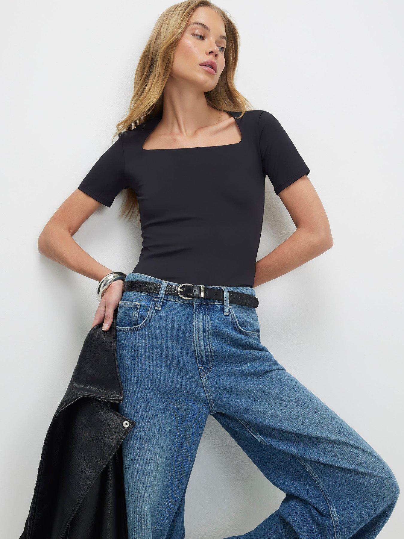 River Island: Short Sleeve Square Neck Polyamide T-Shirt - Black