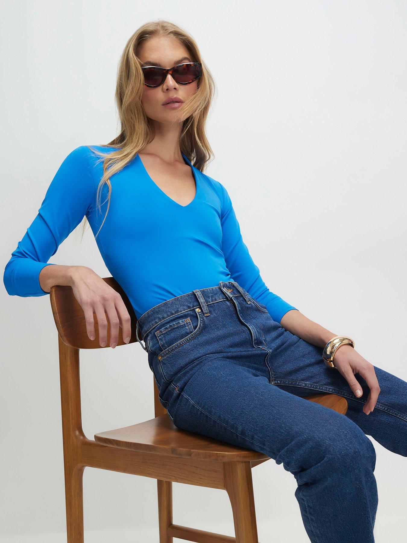 Image 4 of 4 of River Island Long Sleeve Plunge Polyamide Bodysuit - Blue
