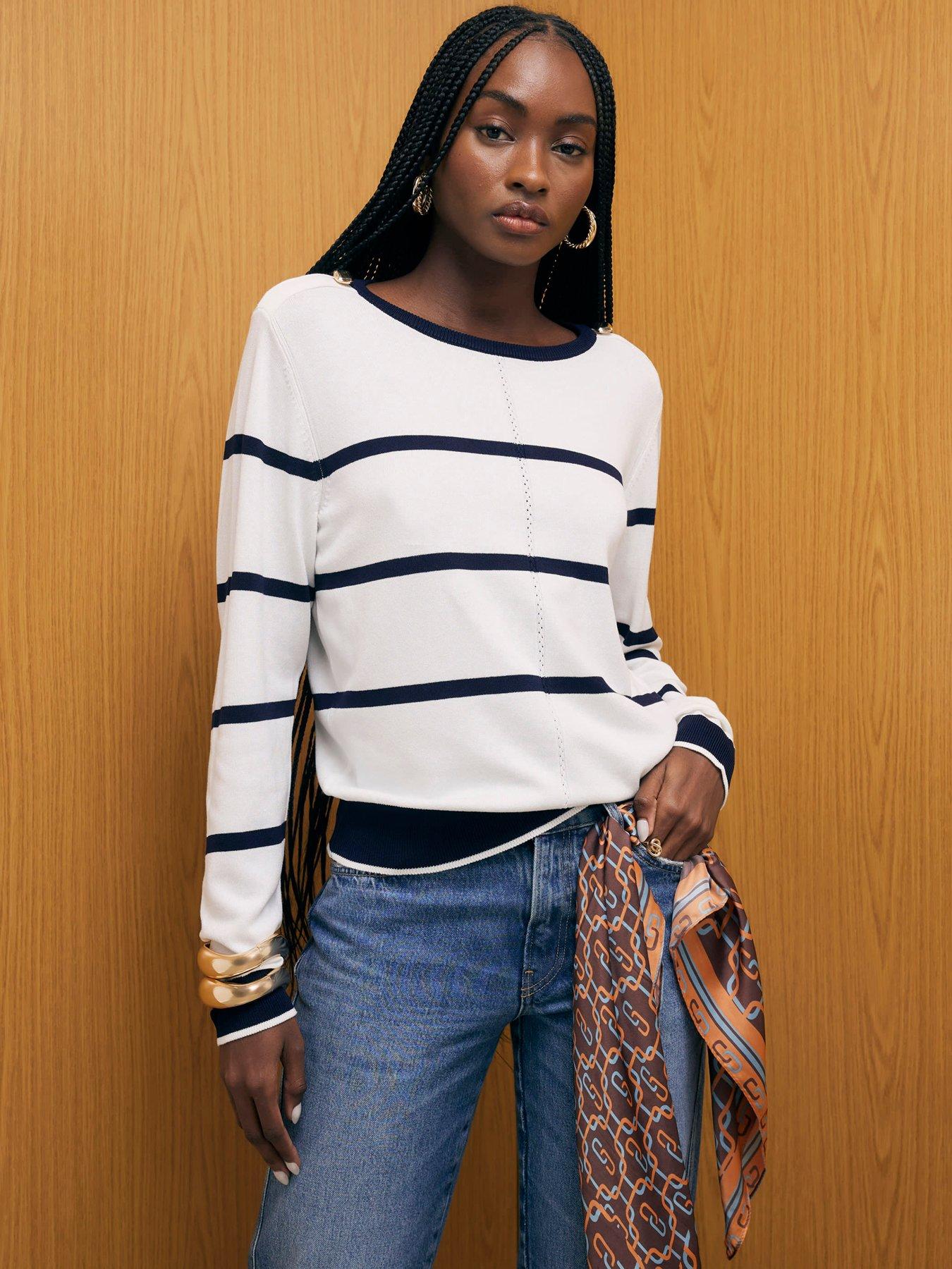 River Island: Long Sleeve Knitted Top - Navy Stripe