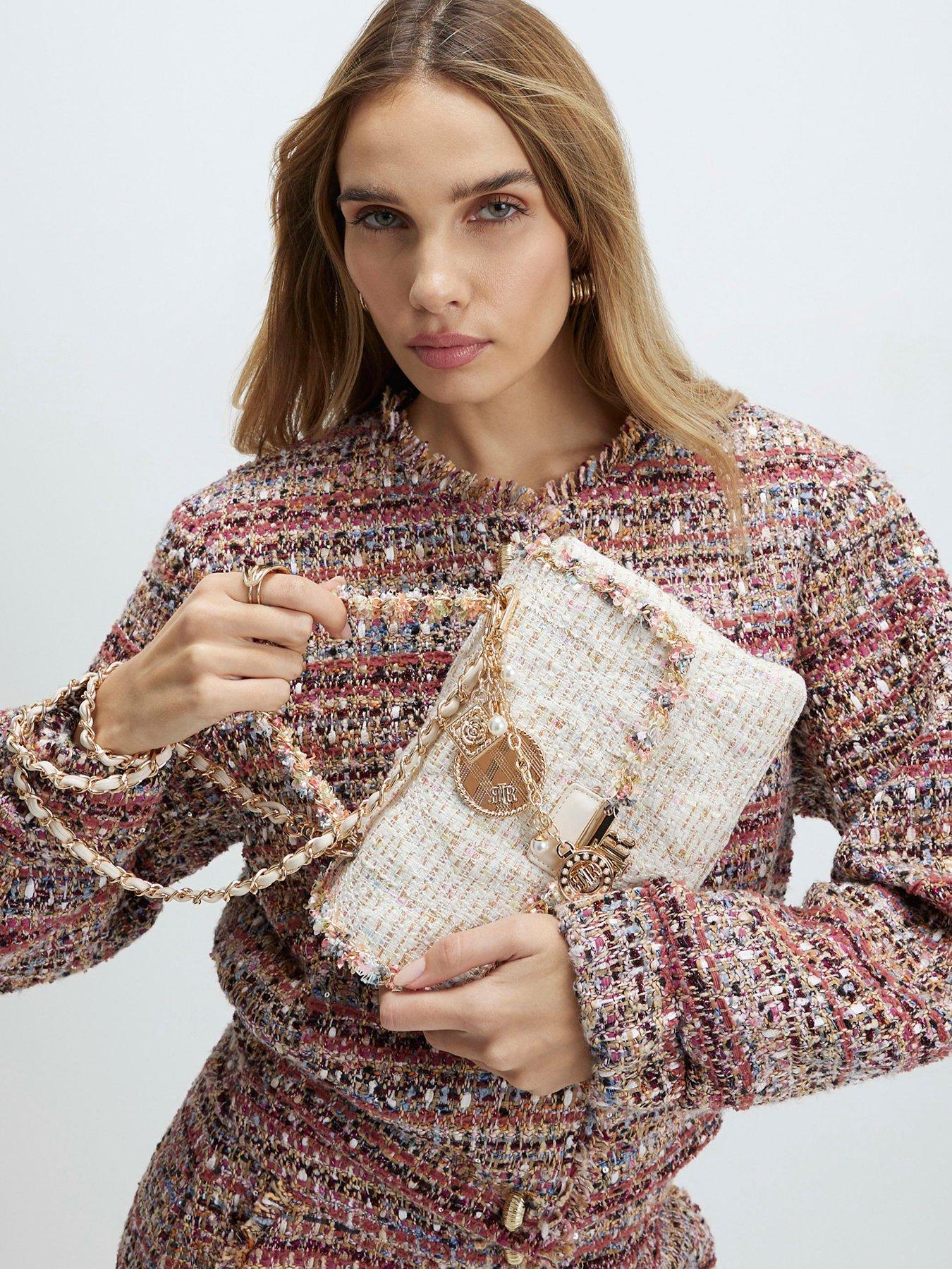 River Island: Boucle Flap Front Shoulder Bag - Cream