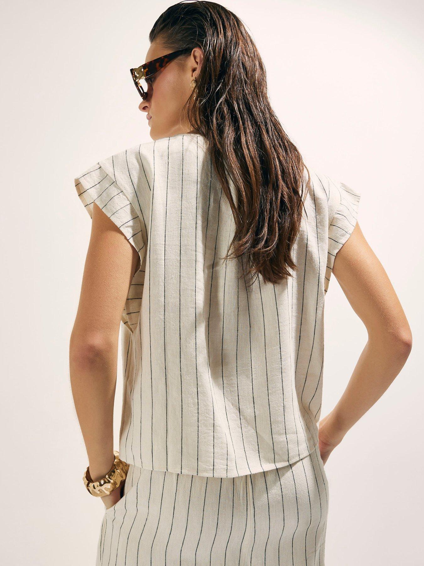 Image 2 of 4 of River Island Linen Blend Striped Tie Neck Top - Beige