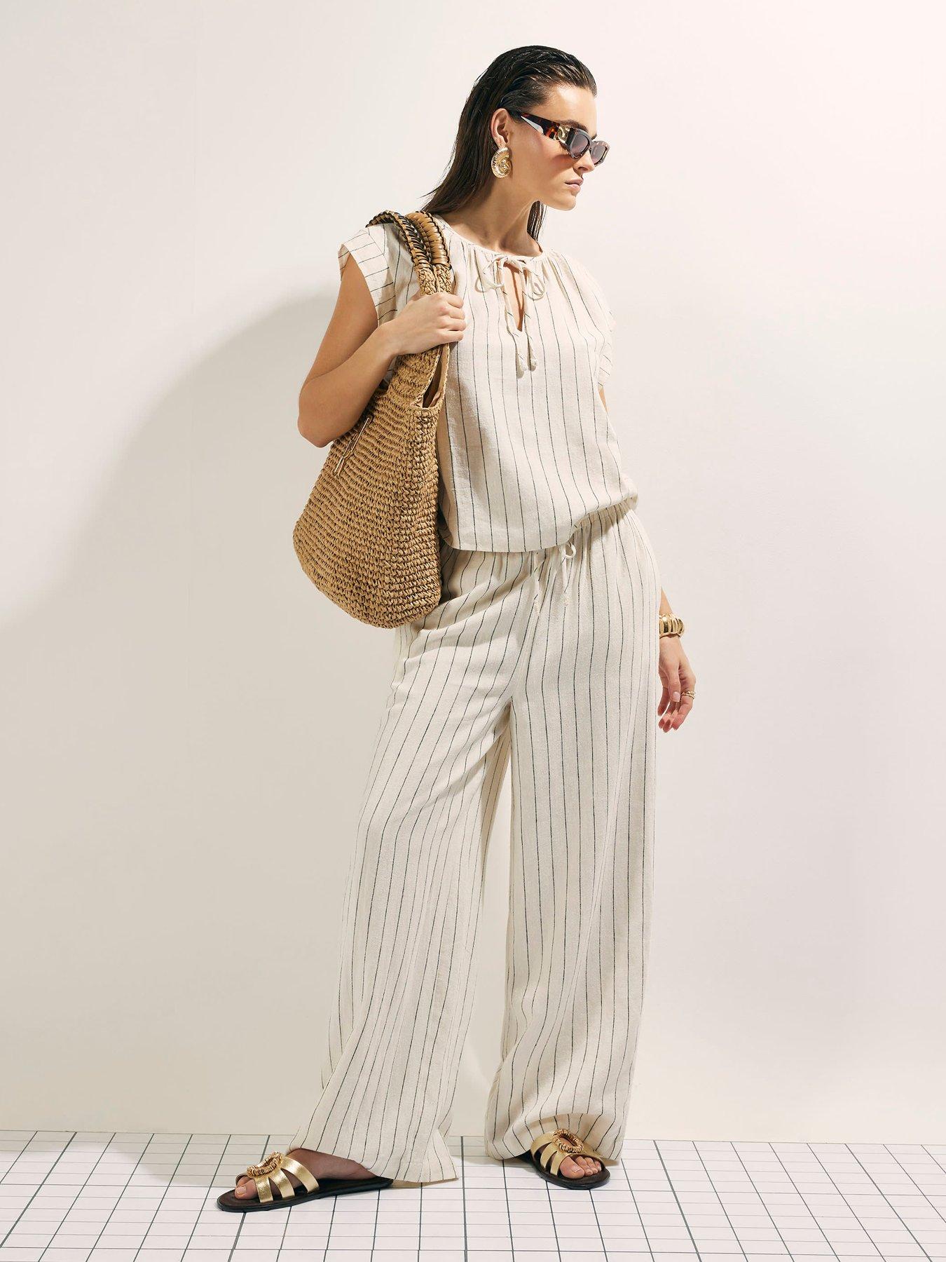 Image 3 of 4 of River Island Linen Blend Striped Tie Neck Top - Beige