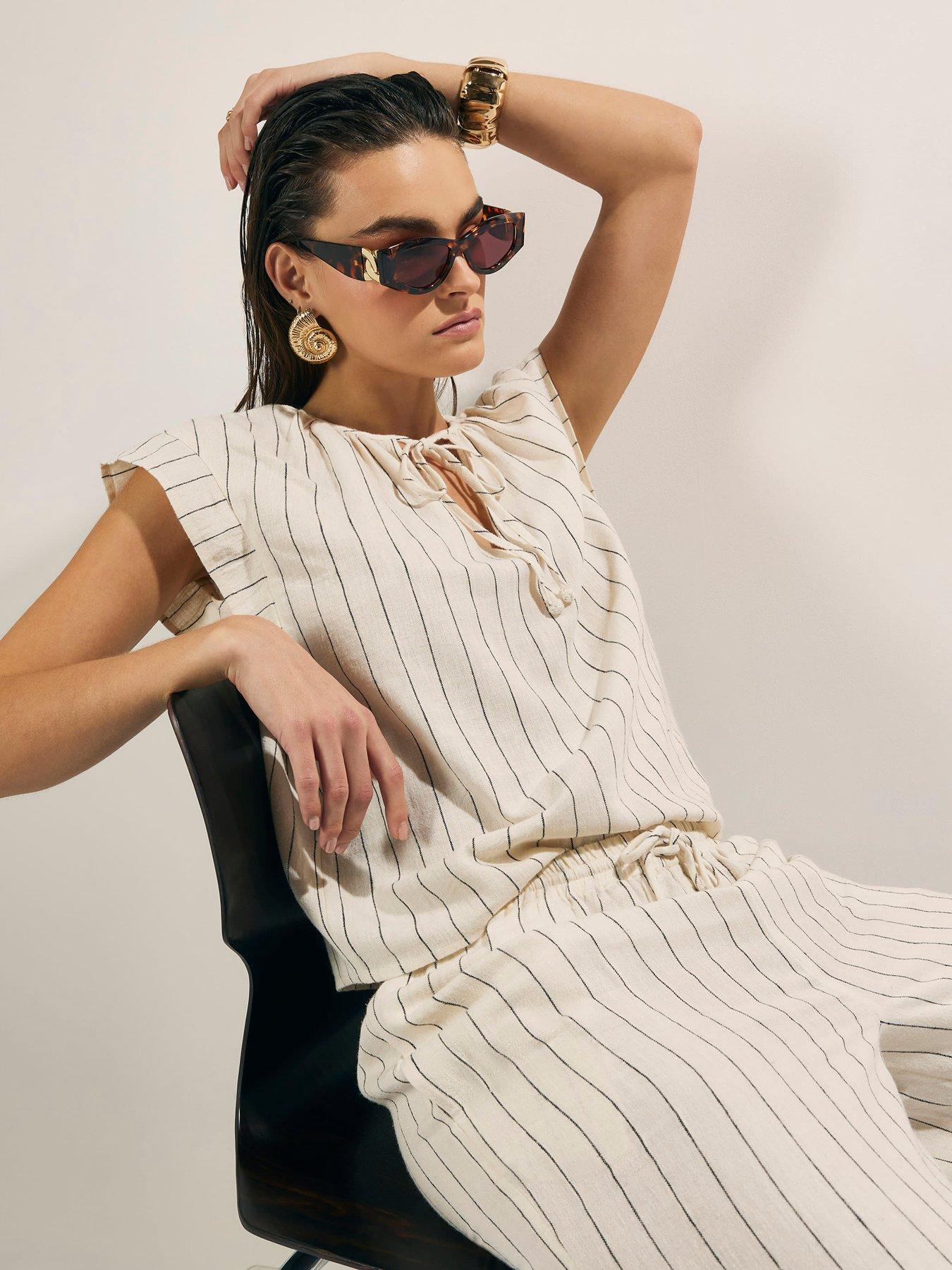 Image 4 of 4 of River Island Linen Blend Striped Tie Neck Top - Beige