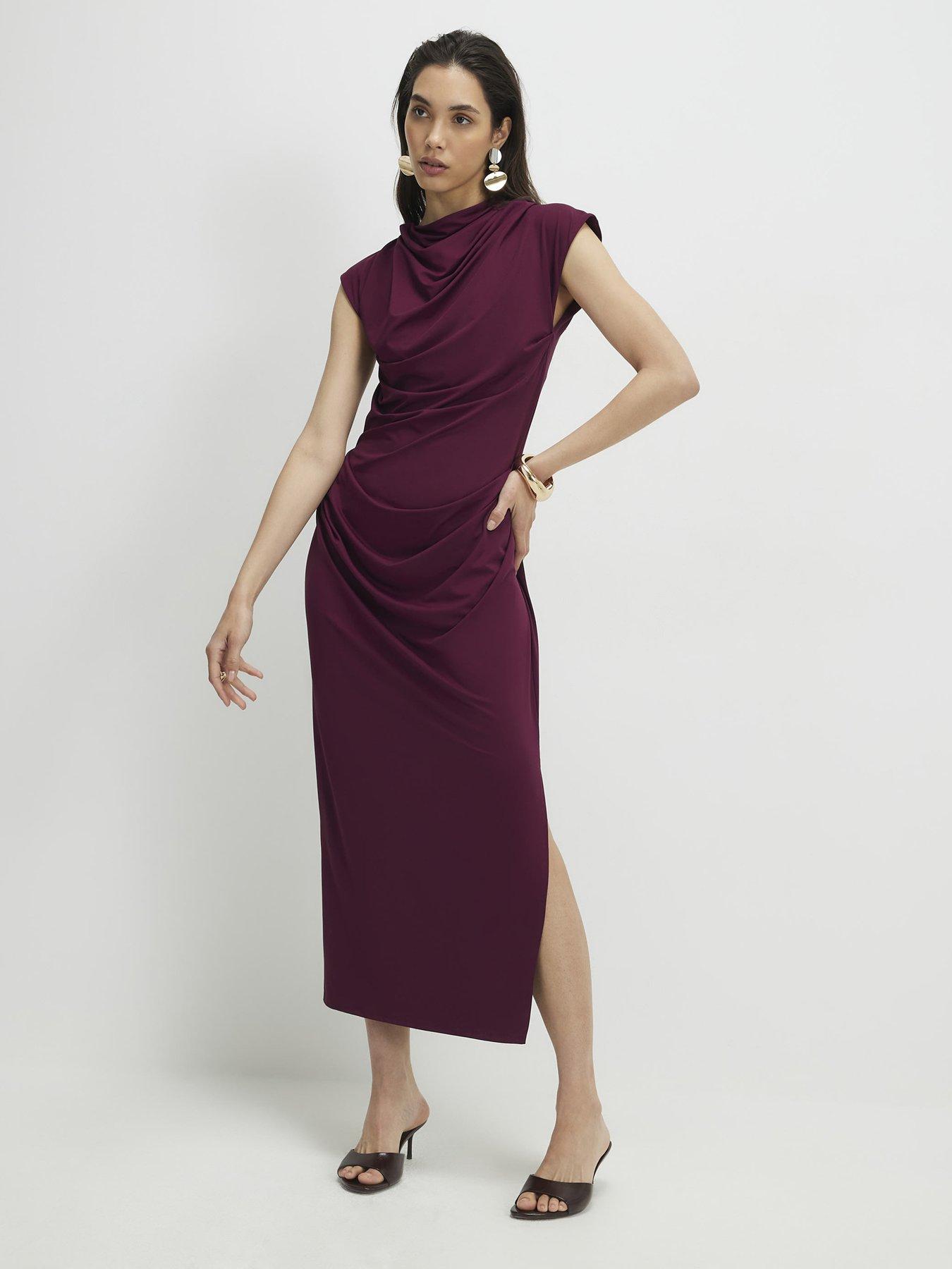 River Island Short High Neck Ruched Midi Dress - Purple