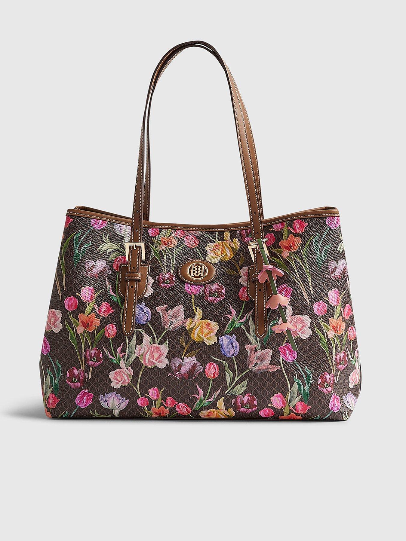 Image 2 of 6 of River Island Floral Monogram Buckle Shopper Bag - Brown