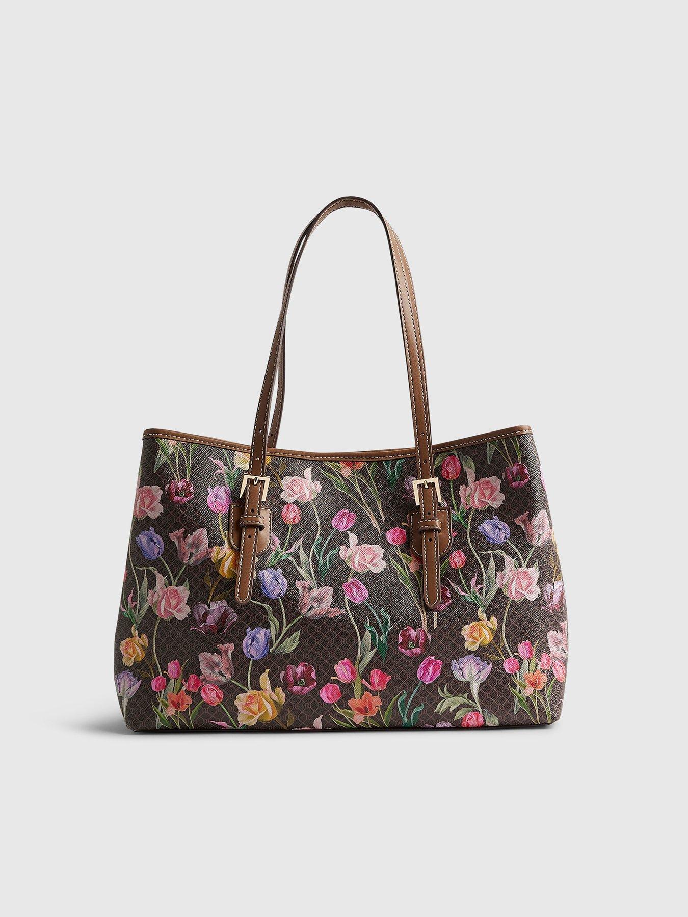 Image 4 of 6 of River Island Floral Monogram Buckle Shopper Bag - Brown
