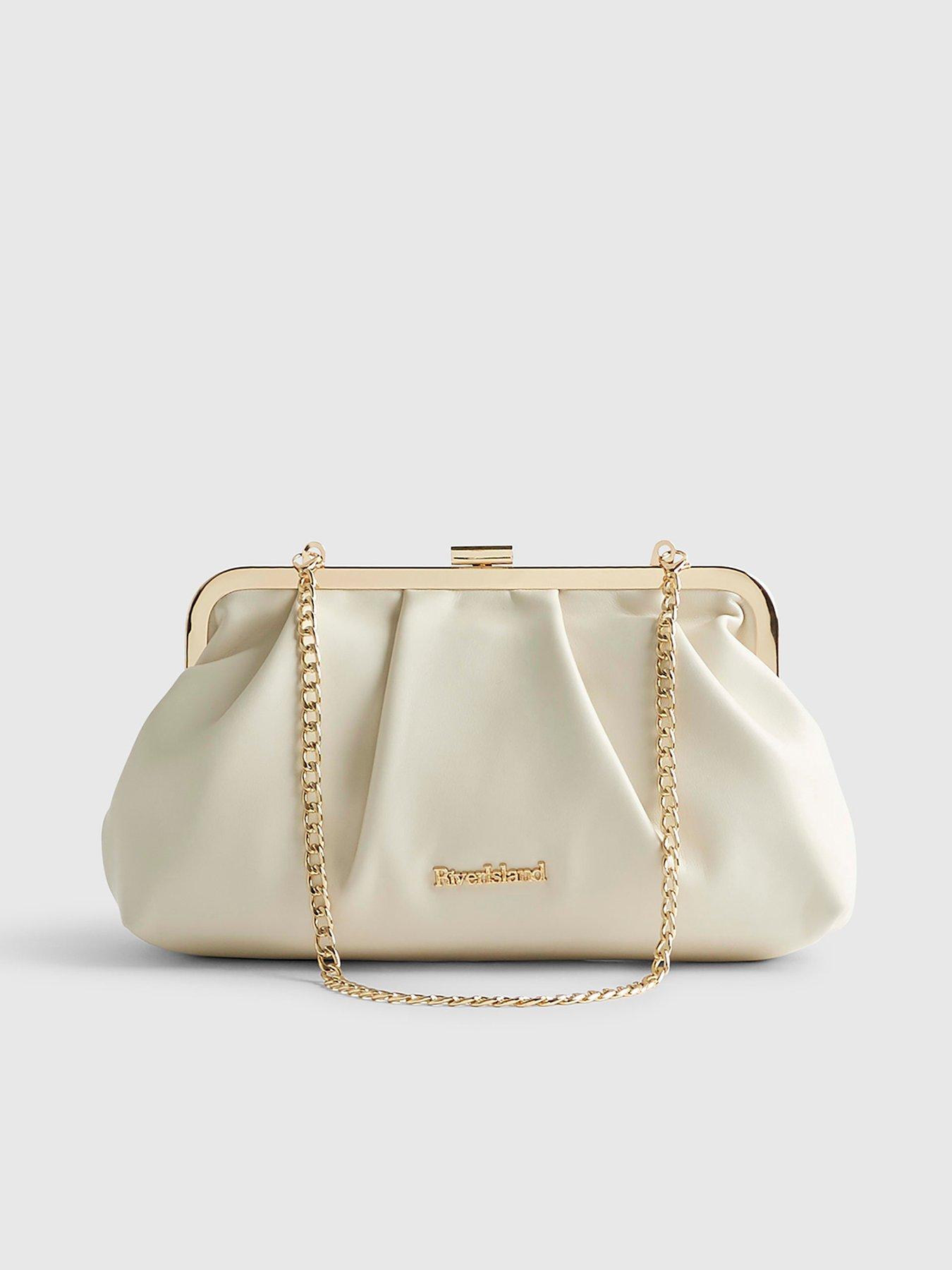 Image 2 of 6 of River Island Dl Metal Frame Slouchy Clutch Bag - Cream
