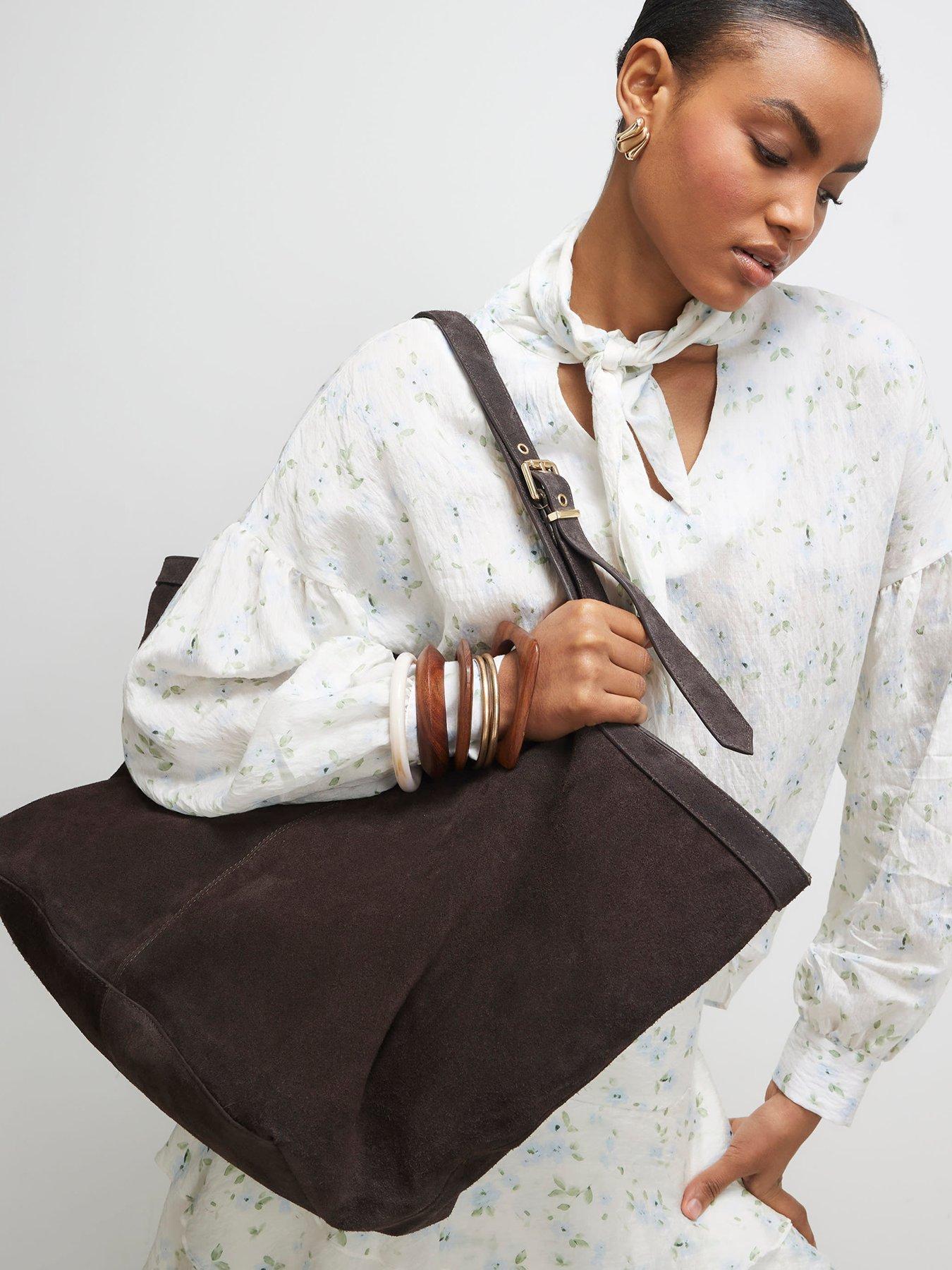 River Island: Buckle Handle Suede Shopper - Brown