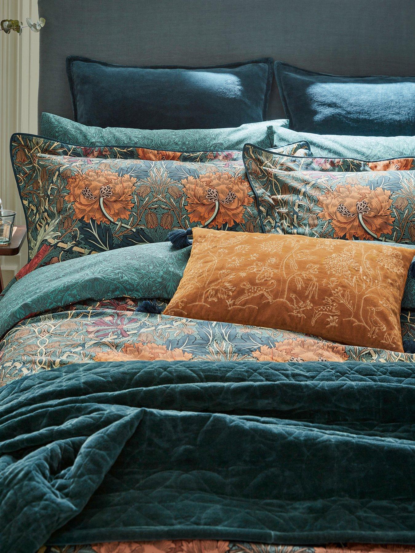 Morris & Co Honeysuckle  &  Tulip 100% Cotton Standard Pillowcase Mulberry  &  Teal Pair