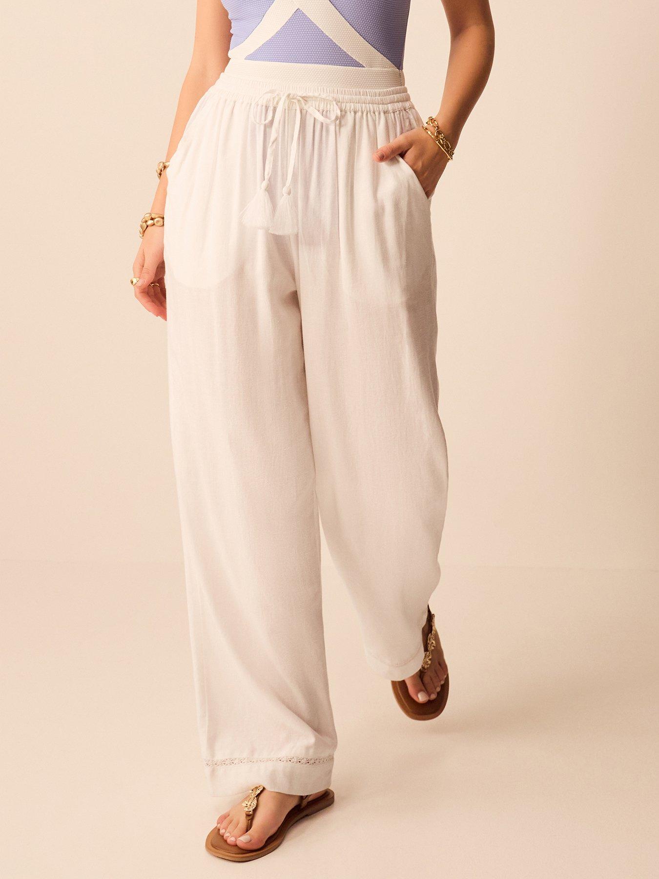Accessorize Lace Trim Wide Leg Beach Trousers - White