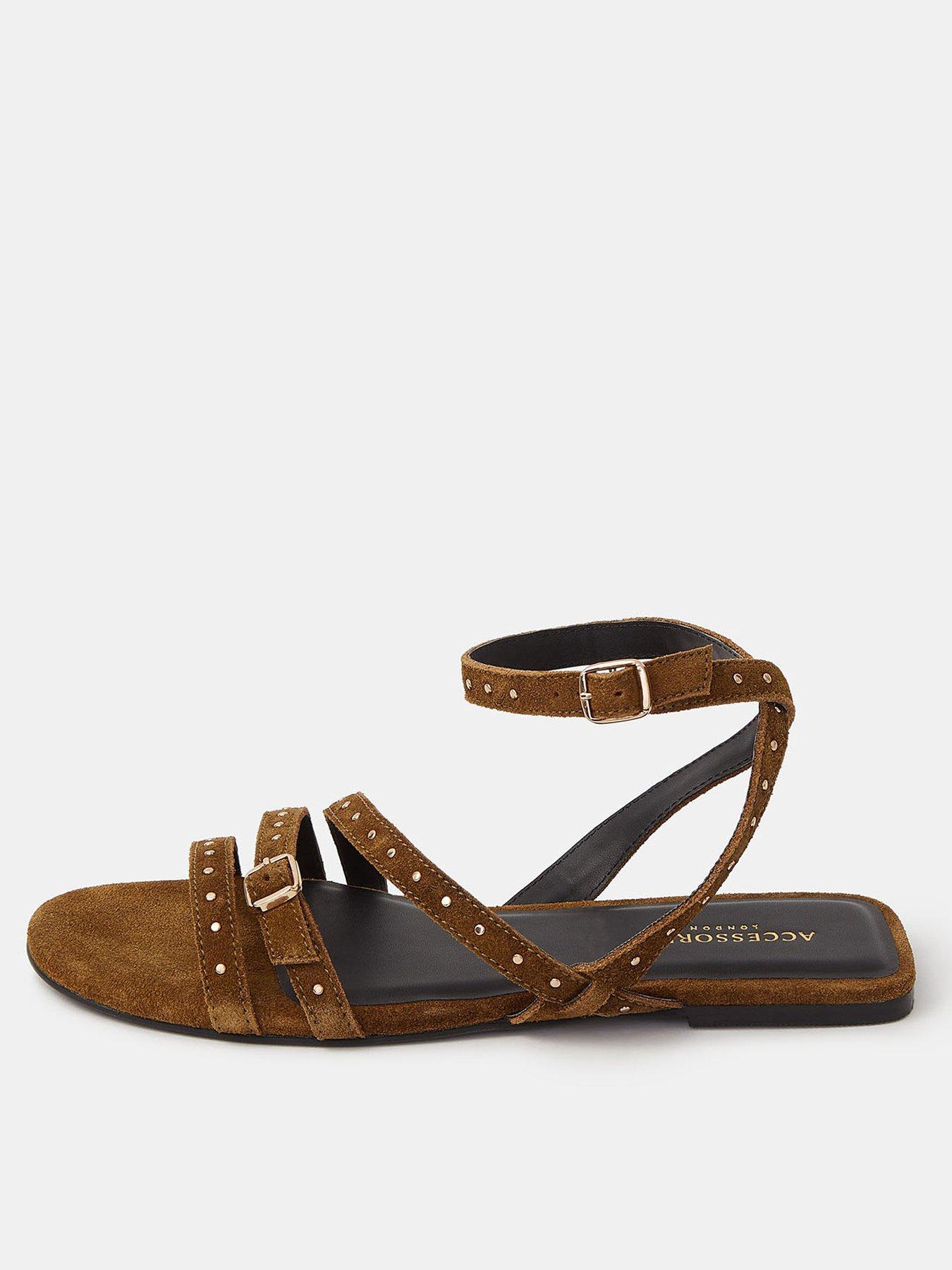 Image 1 of 4 of Accessorize Stud Suede Strappy Sandals - Green Khaki
