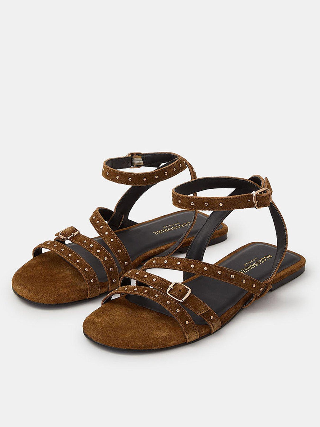Image 2 of 4 of Accessorize Stud Suede Strappy Sandals - Green Khaki