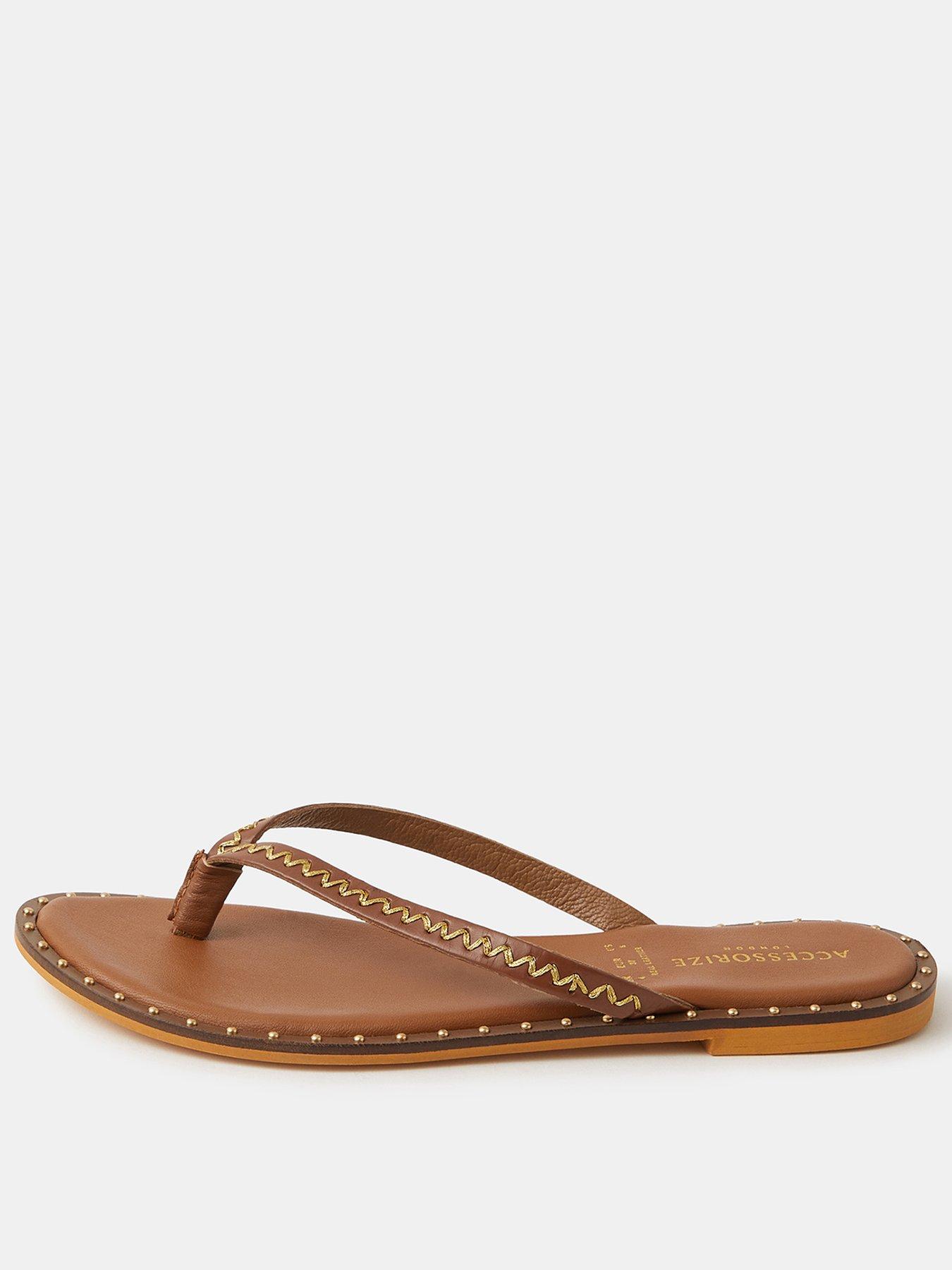 Accessorize Stitched Studded Leather Flip Flops - Brown