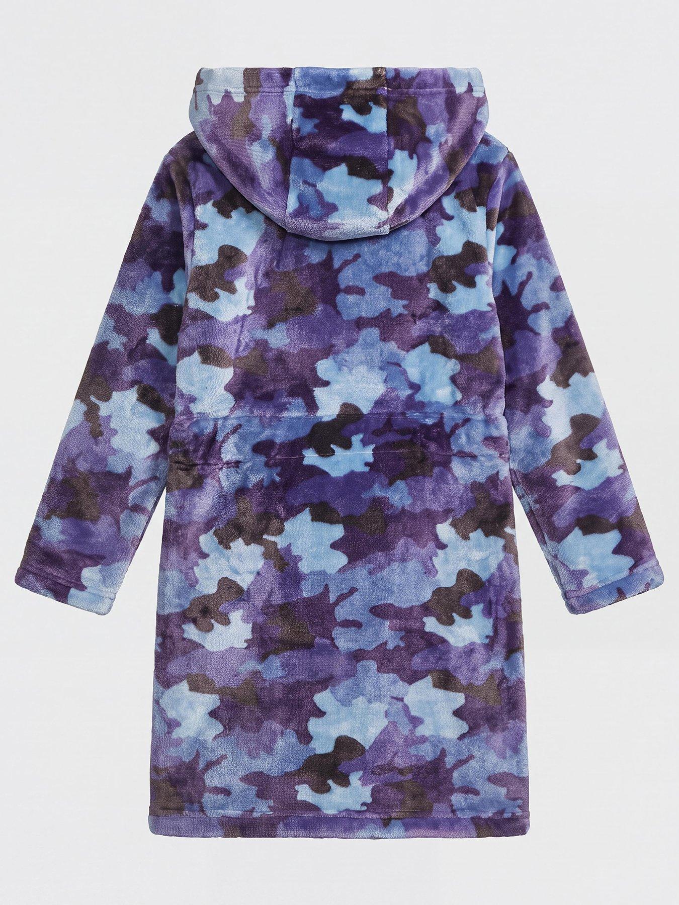 Image 2 of 3 of The Very Collection Boys Camo Fleece Hooded Tie Belt Dressing Gown - Blue