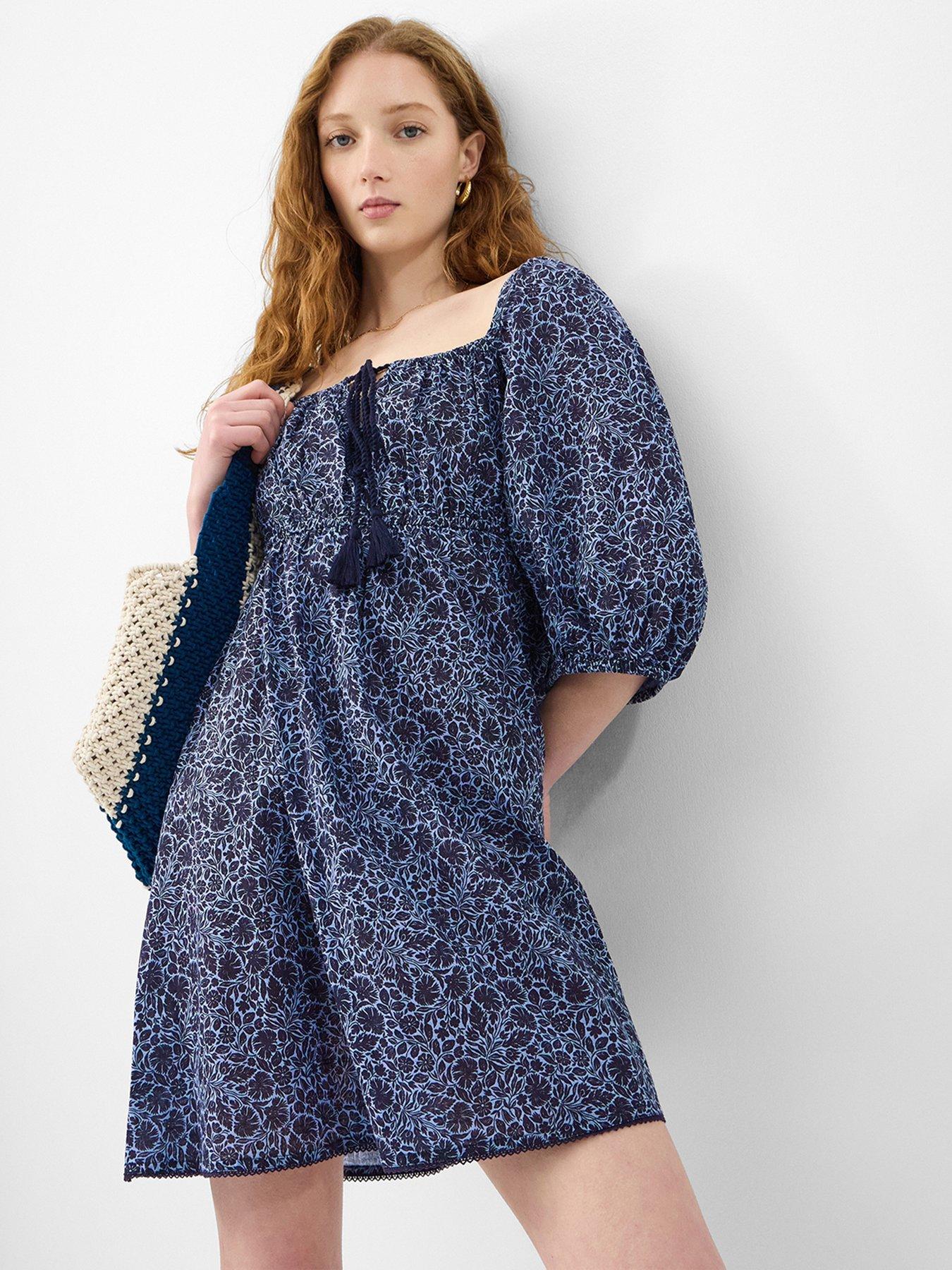 Accessorize Floral Print Puff Sleeve Mini Dress - Blue
